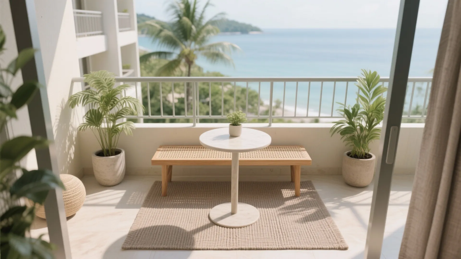 Minimalist balcony design featuring a small round table wooden bench rug and scenic ocean view