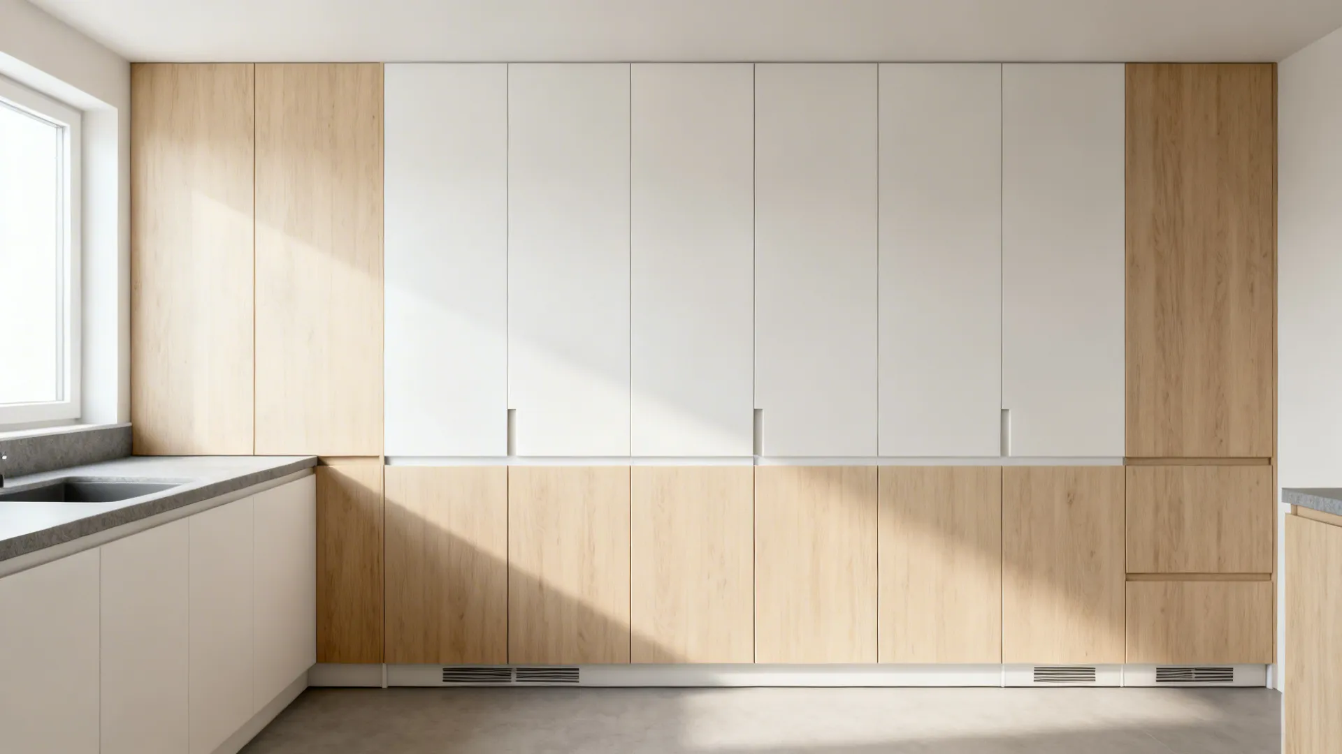 Minimalist micro-kitchen with full-height matte slab doors, hidden pulls, and slim toe-kicks in a neutral palette.