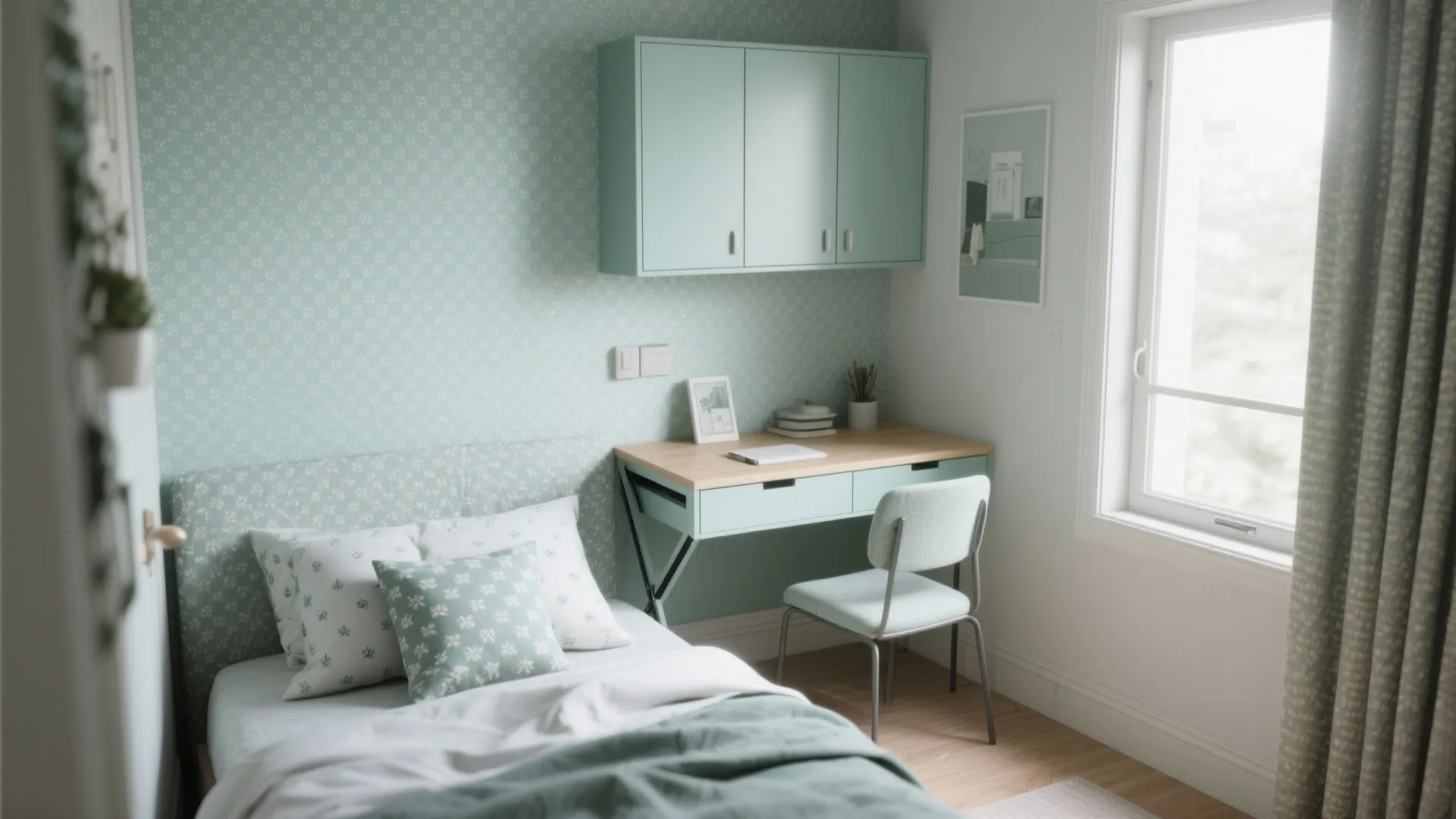 Small bedroom featuring mint green wallpaper a matching desk chair cabinet and a single white bed