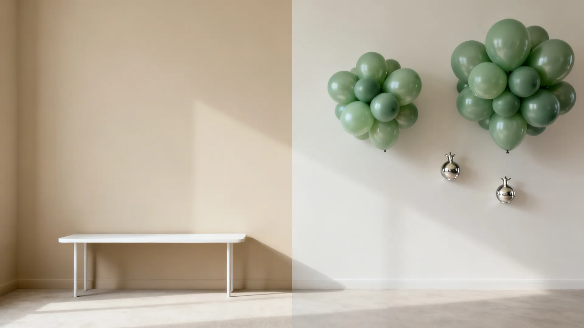 Before and after comparison of empty beige wall and white wall with green balloon decorations