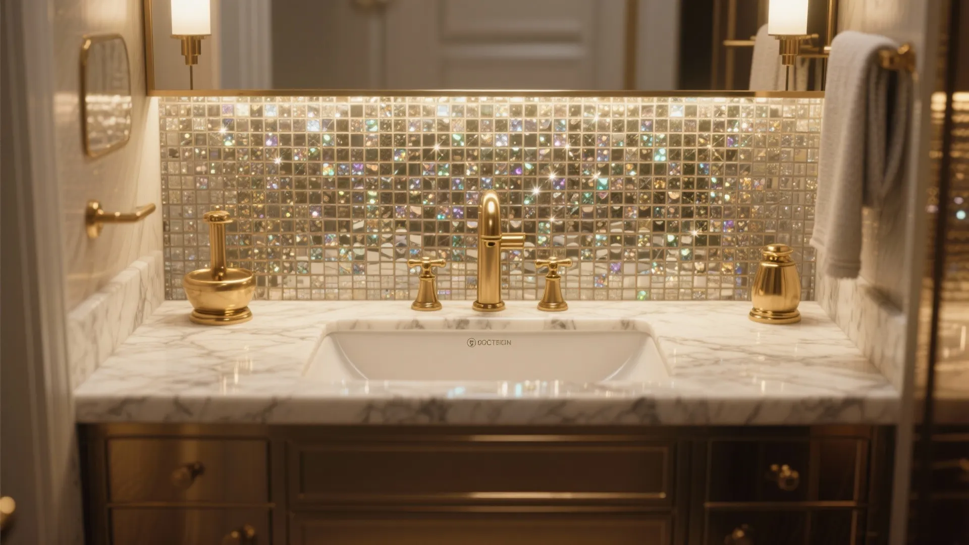 Close up of marble bathroom sink with gold faucet and sparkling small square wall tiles