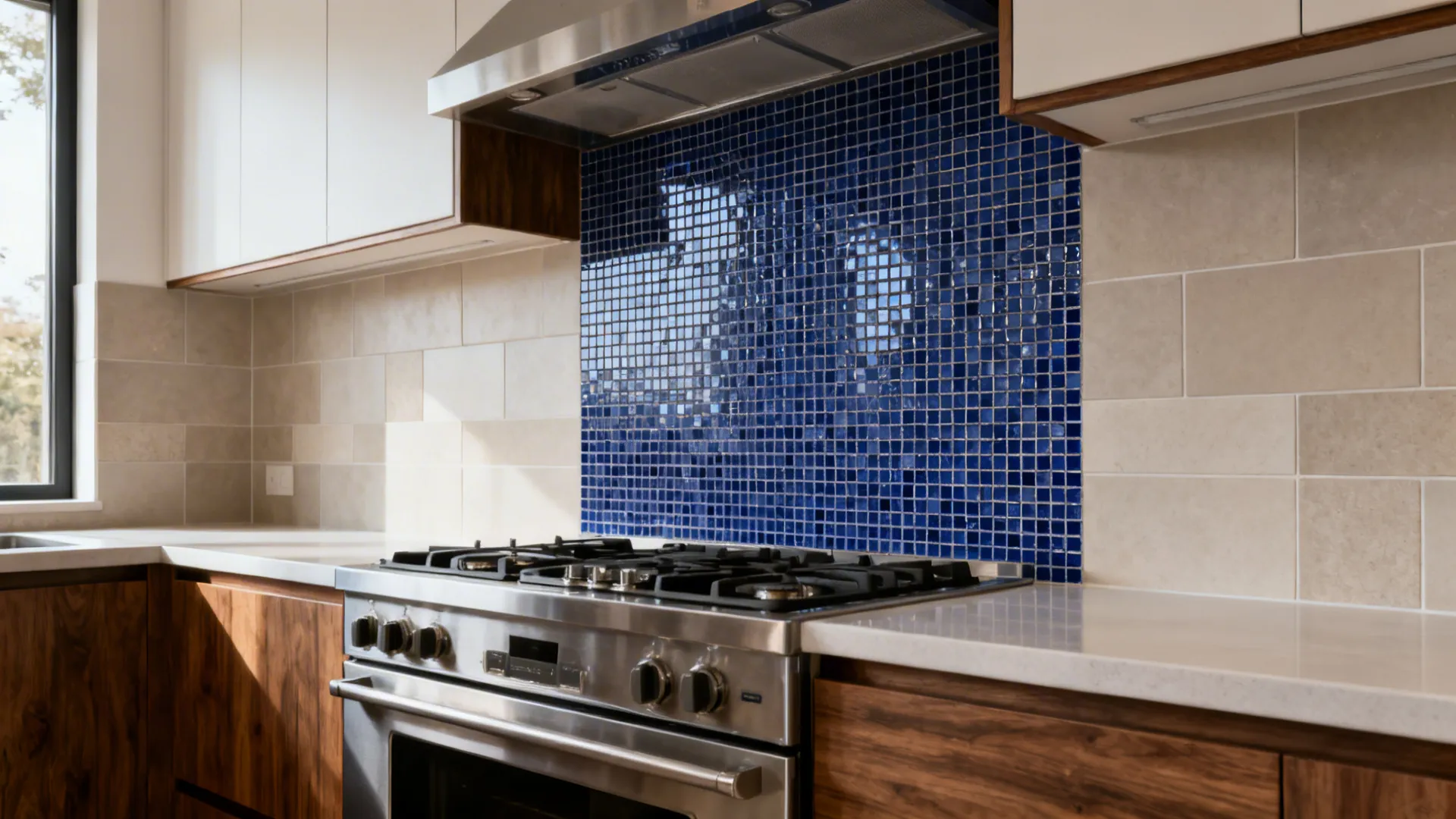Navy micro-mosaic glass feature panel behind a cooktop in a compact kitchen.
