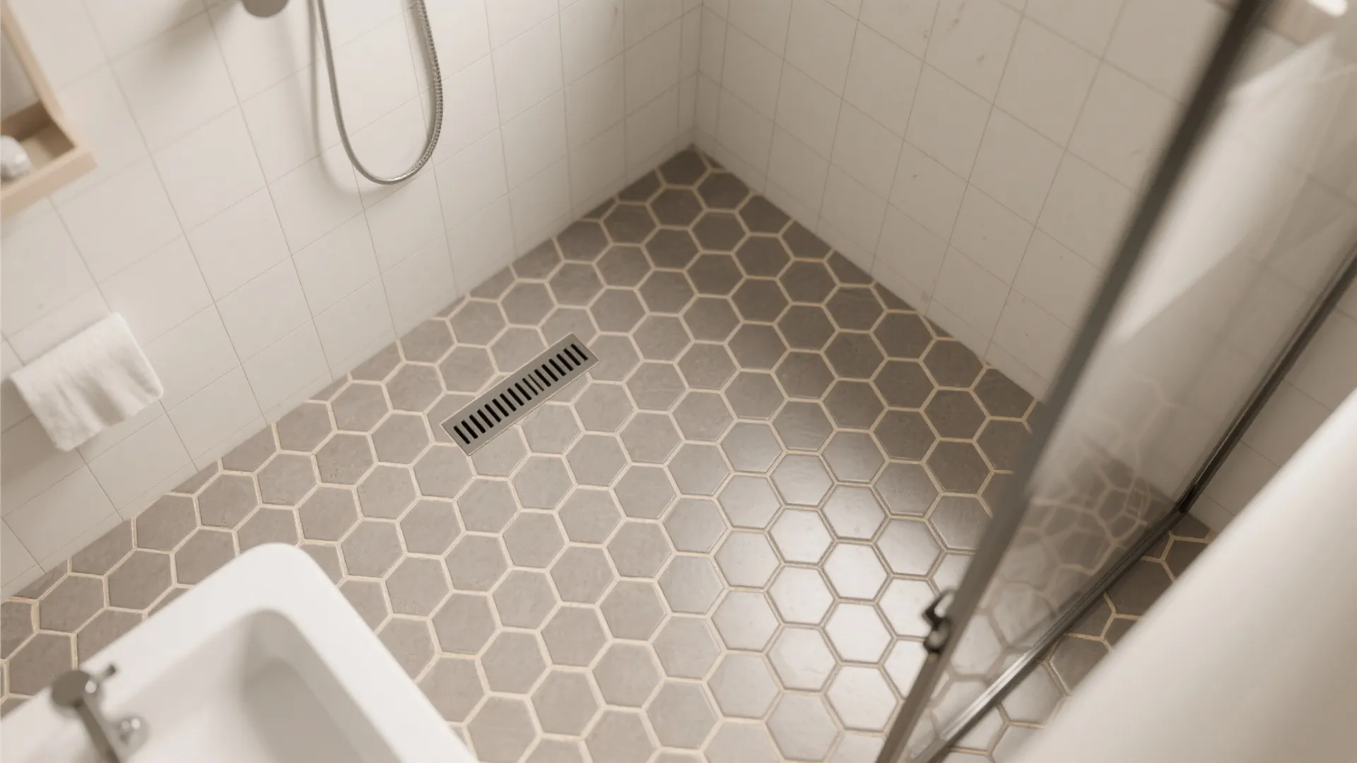 Modern walk-in shower area with grey hexagon floor tiles and white square wall tile design