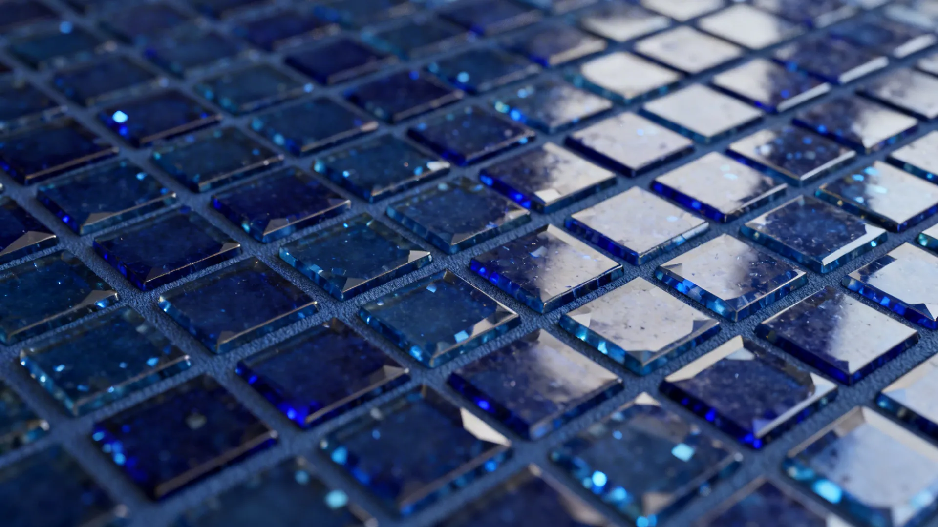 Macro of navy micro glass mosaic tiles with tight matching grout lines.