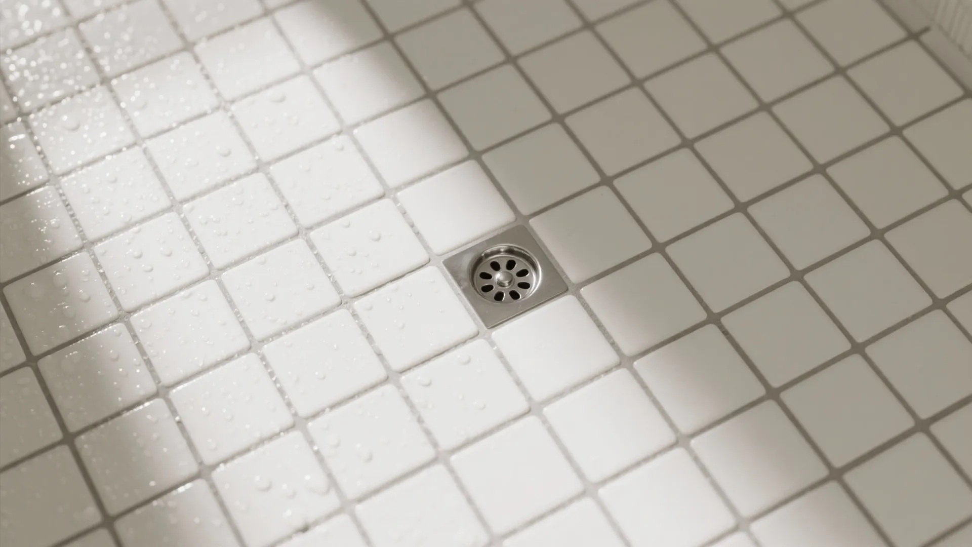 Shower floor with small white square tiles grey grout water drops and a metal drain