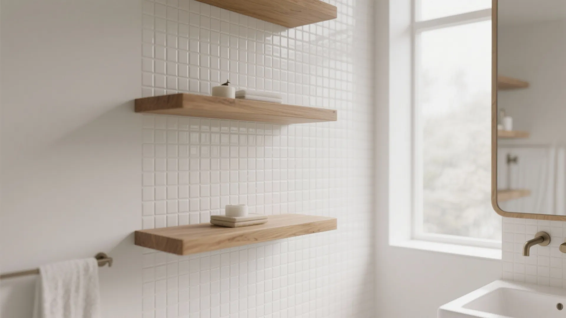 Minimalist bathroom featuring wooden floating shelves on white small tiles next to a bright window