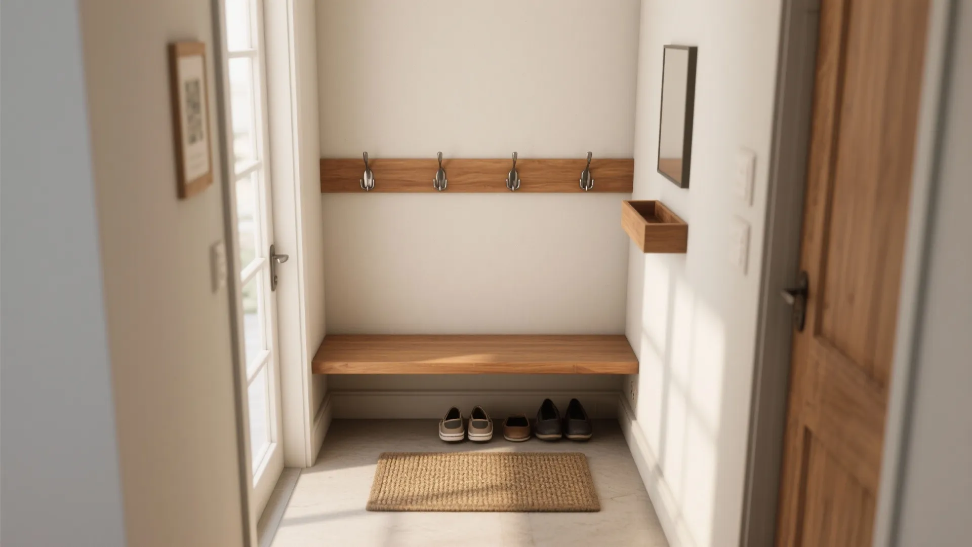 Small entryway with wooden bench wall hooks floor mat shoes and natural light from window