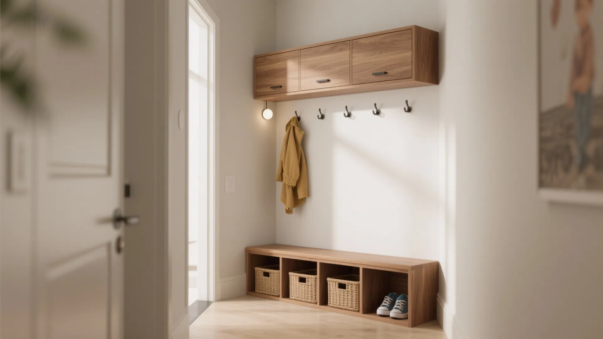 4) Built-In Bench + Coat Ledge: Micro-Mudroom