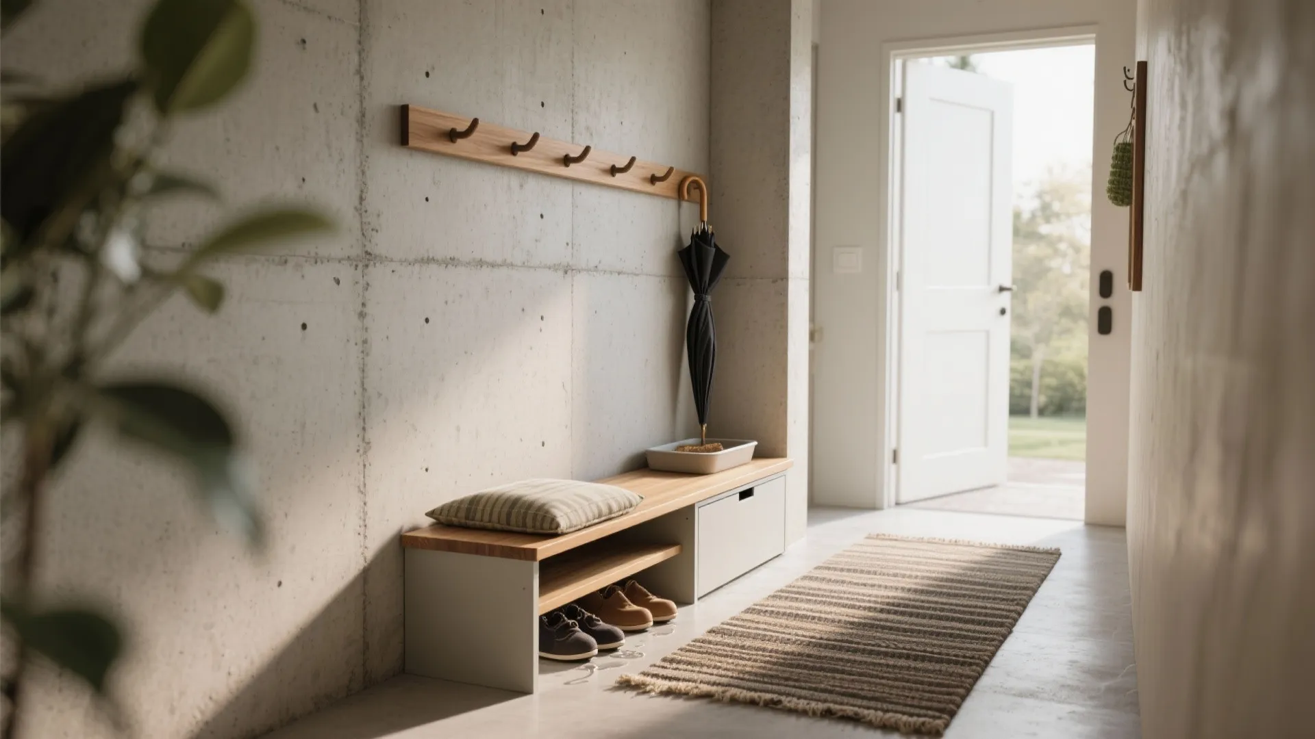Entryway with concrete walls featuring a wooden coat rack and a bench for shoe storage