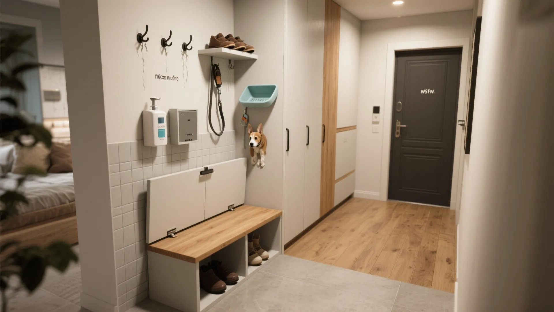 Modern mudroom entry with wood bench shoe storage wall hooks and white cabinets for organization
