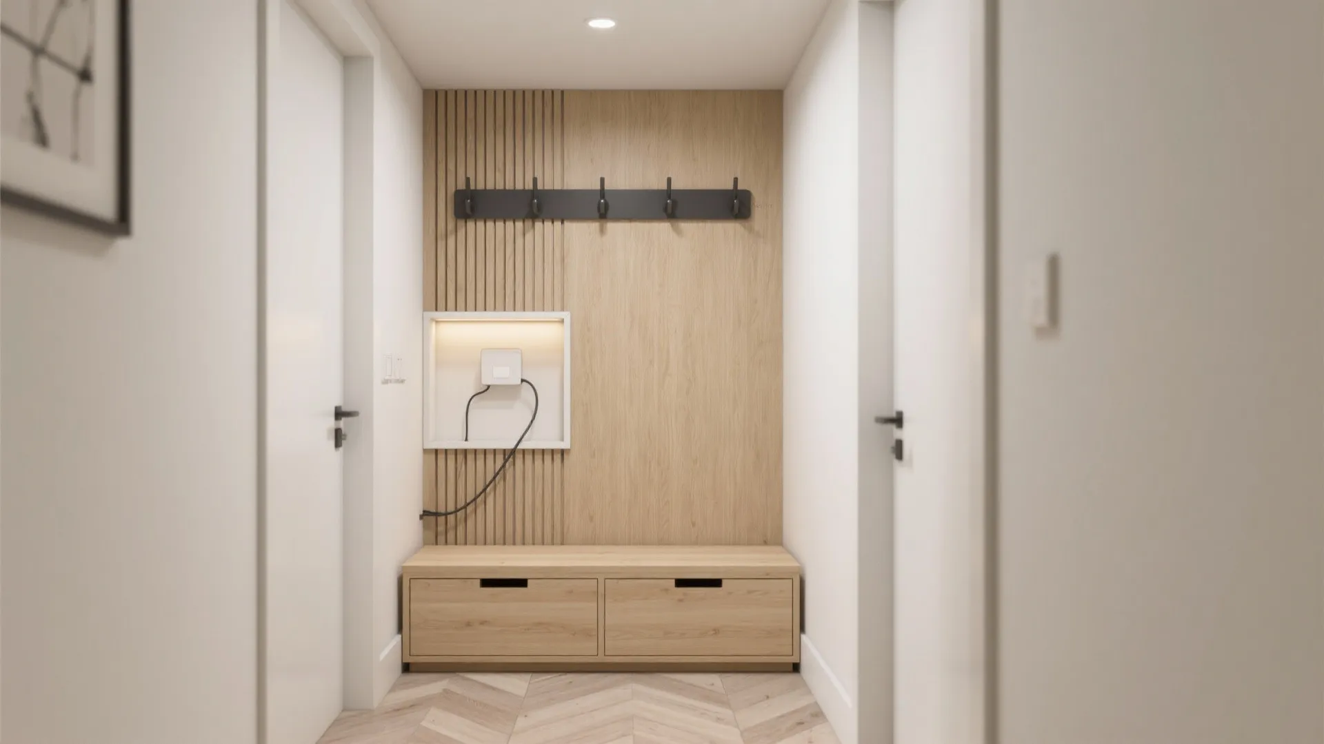 Micro-mudroom: bench, hooks, and concealed charging
