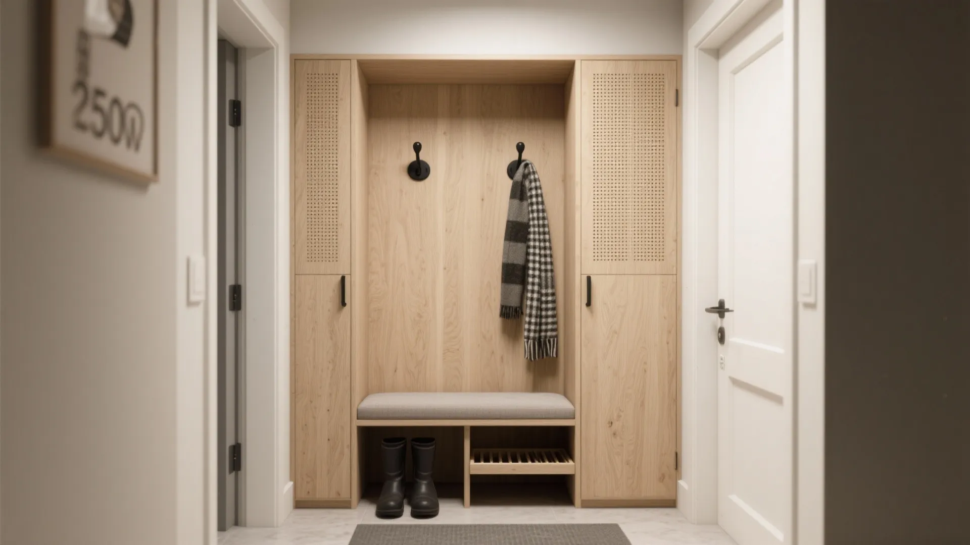 Wooden entryway cabinet with a sitting bench black wall hooks and built in storage space