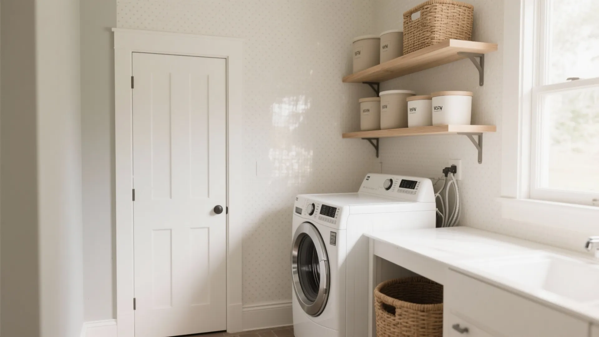 Bright laundry room with white door washing machine wooden shelves woven baskets and white counter
