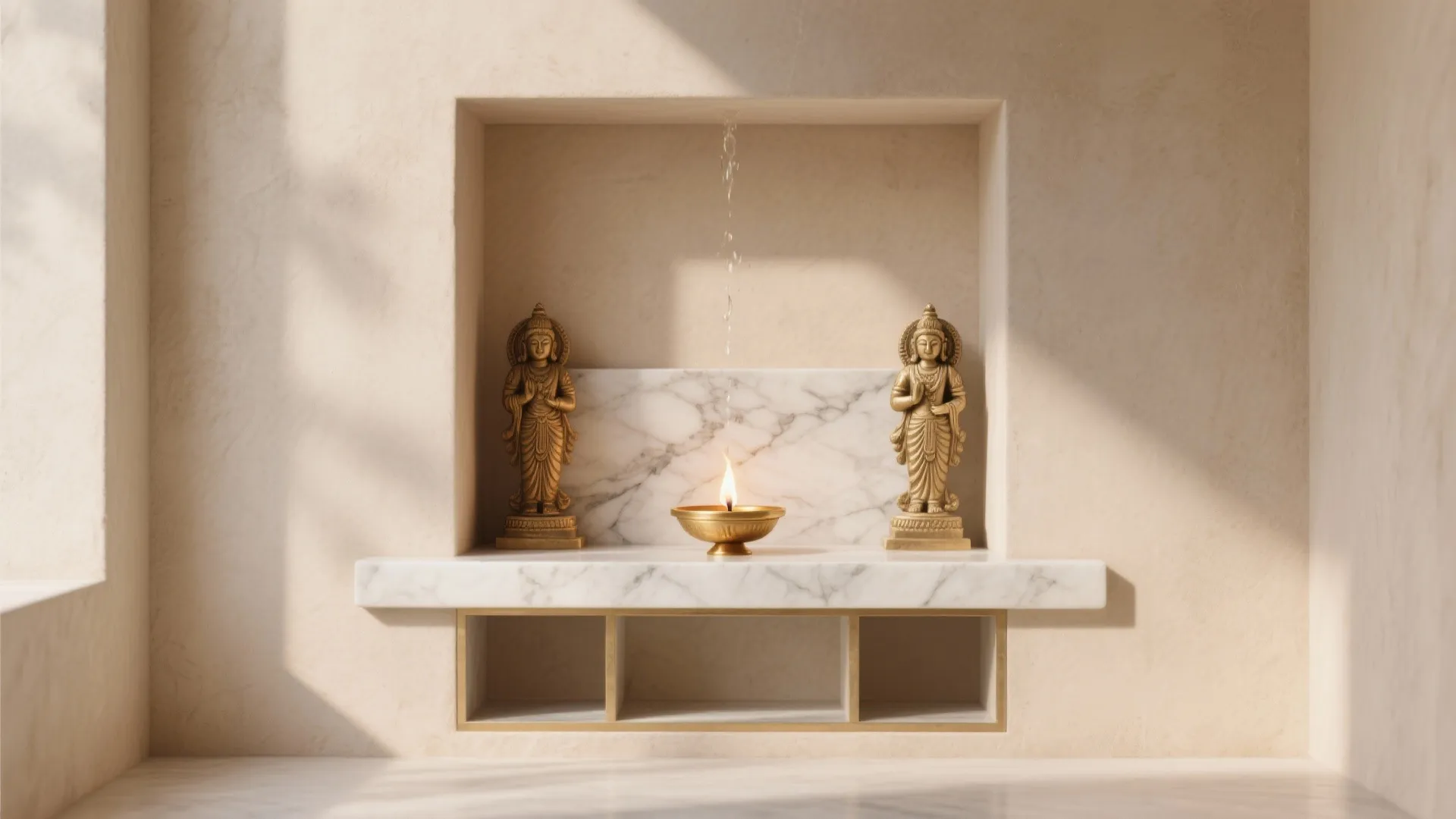 Minimalist stone or microcement backdrop with hidden niches