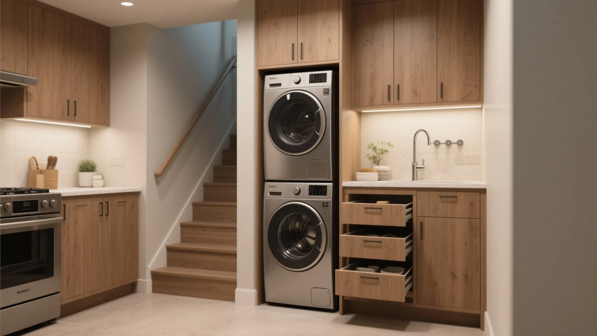 Small laundry area under stairs with silver washing machine and wooden cabinets next to sink