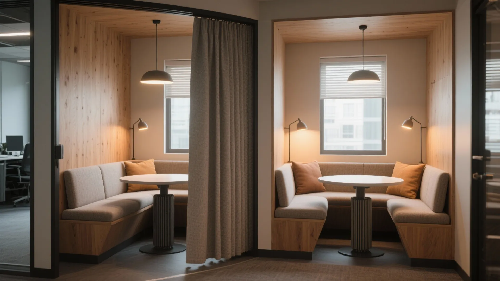 Two private office meeting booths with wooden walls round tables ceiling lights and grey curtains