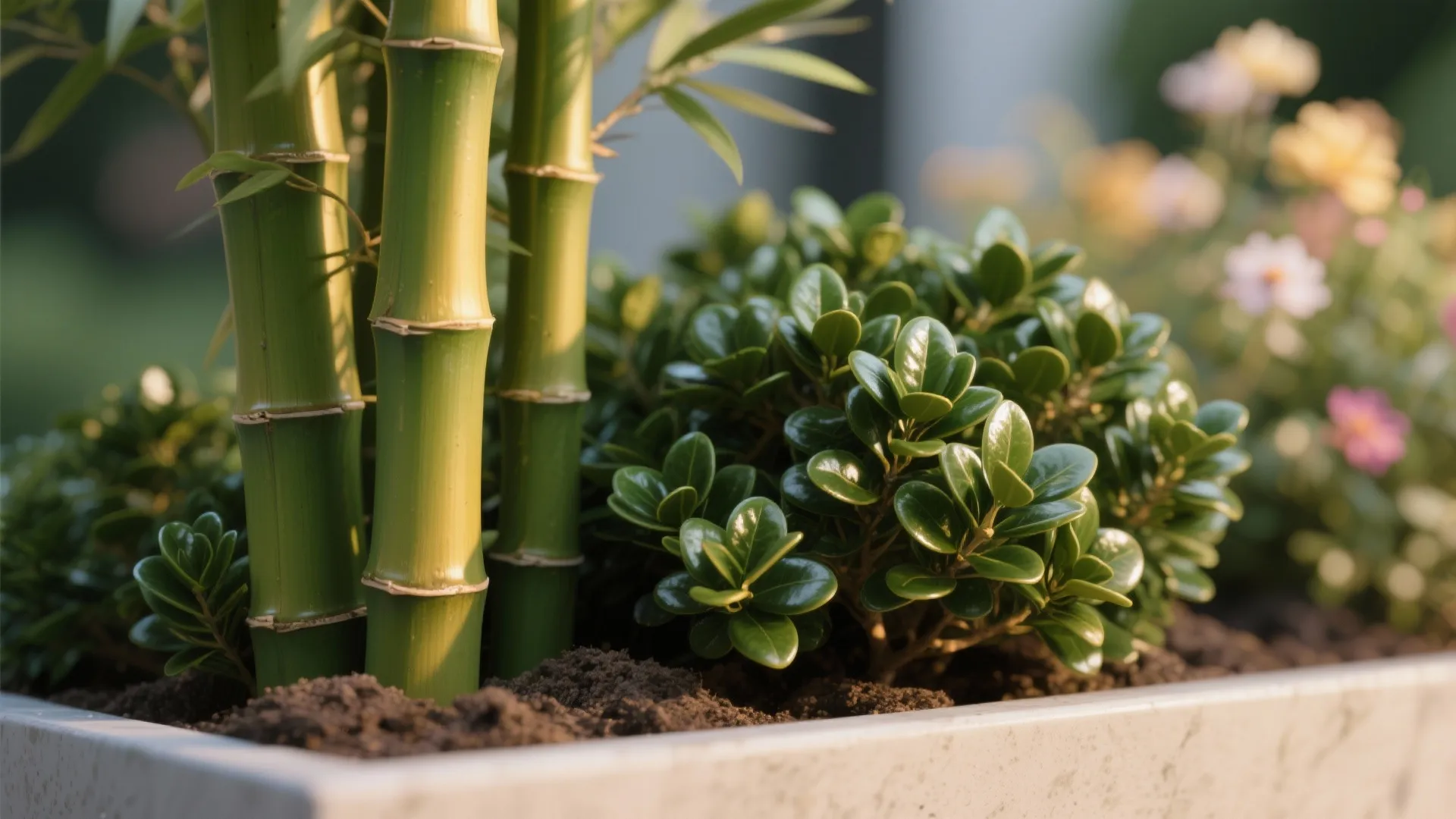 Green bamboo stalks and small leafy bushes growing inside a white stone planter under sunlight