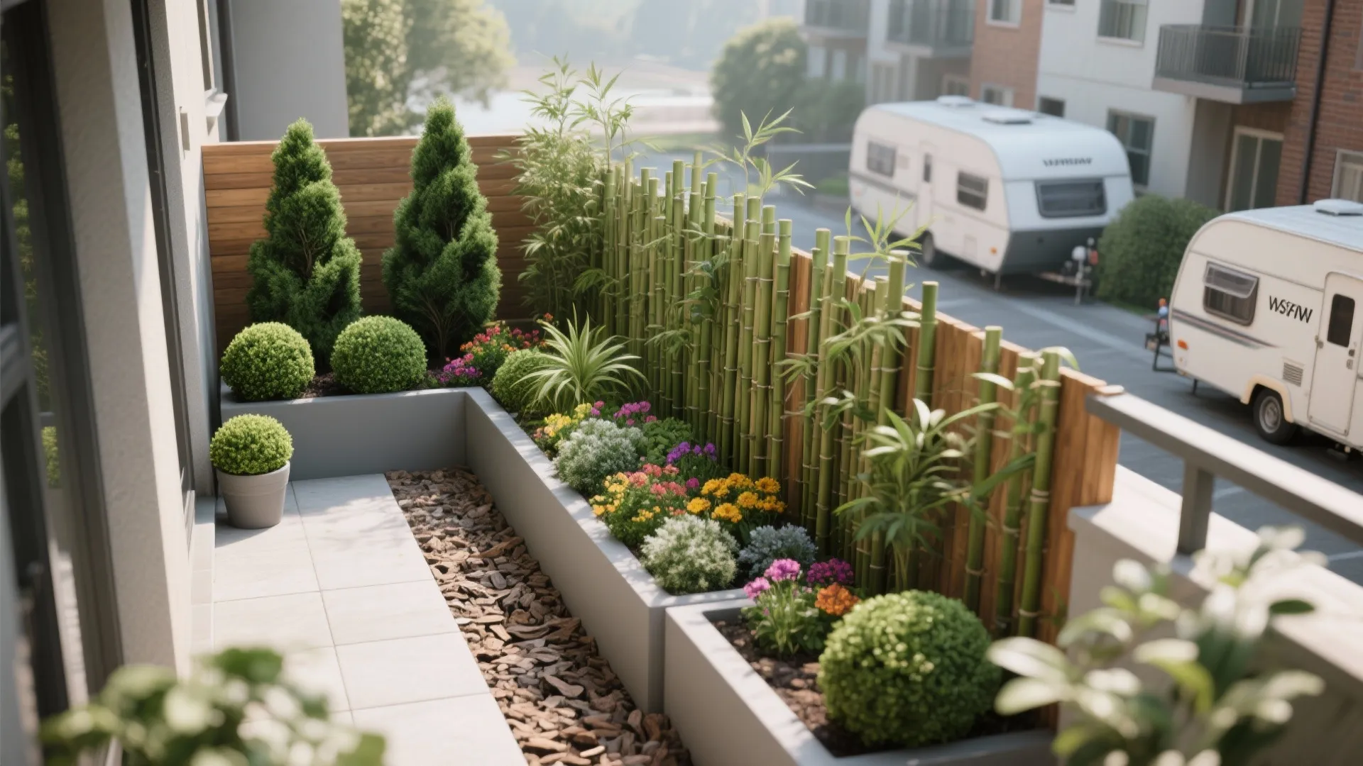 Small balcony garden with bamboo fence colorful flowers green plants and view of parked trailers