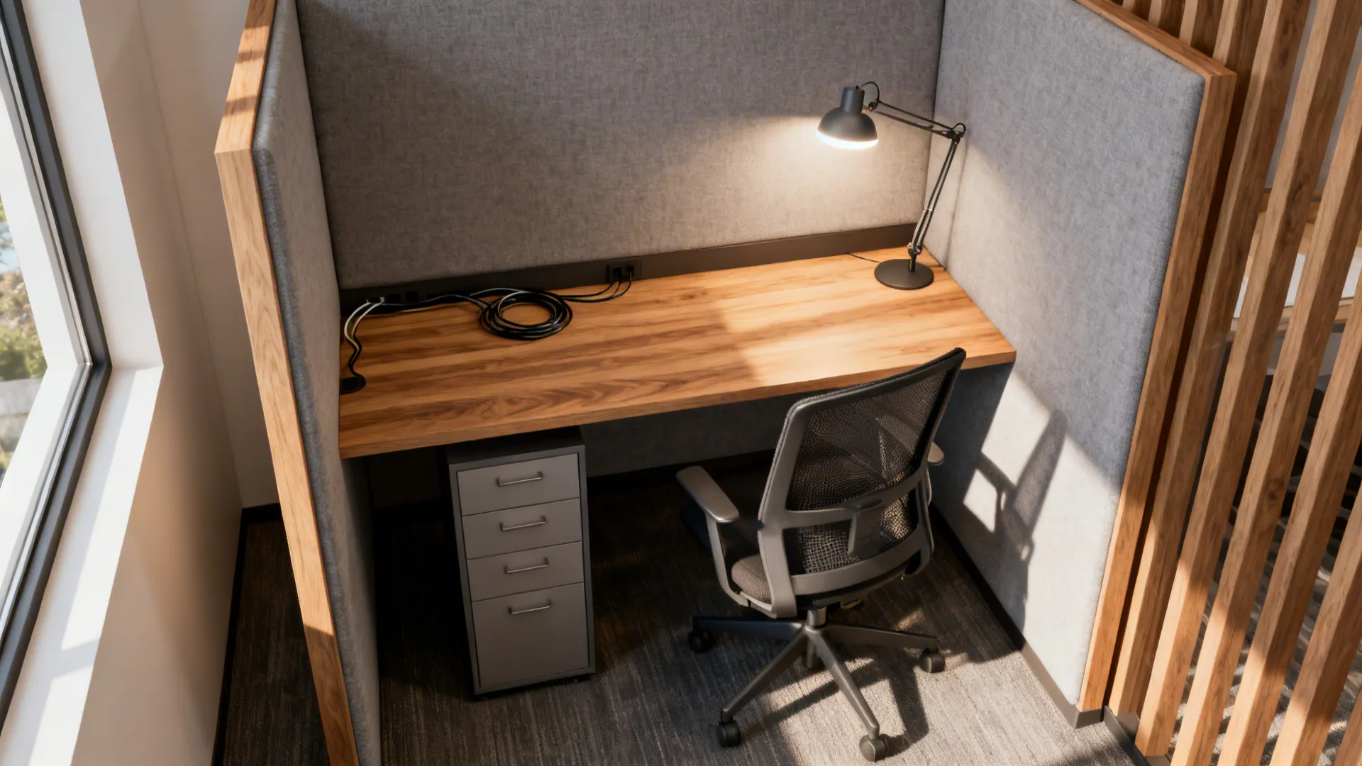 Compact alcove office with floating desk, ergonomic chair, and task lighting.