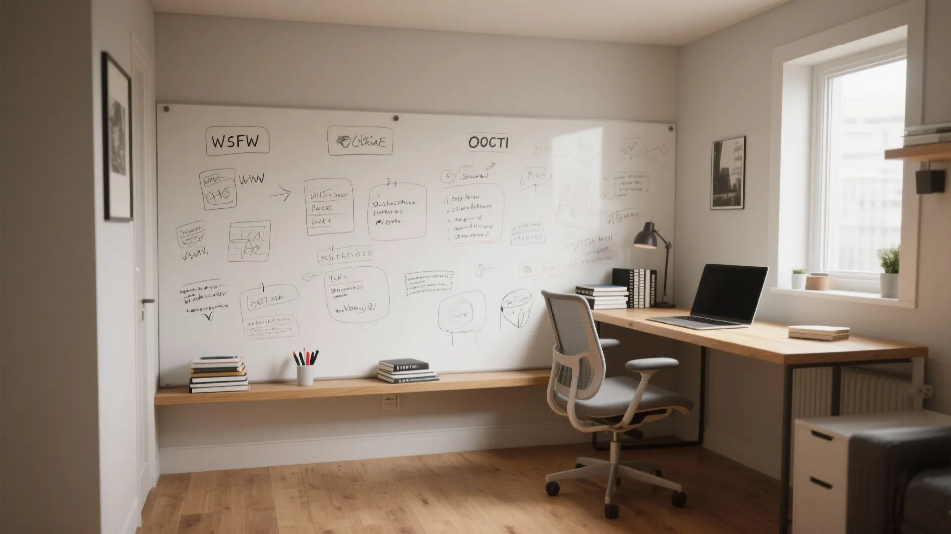 Home office room with large whiteboard on wall, wooden desk, grey chair, laptop, and window