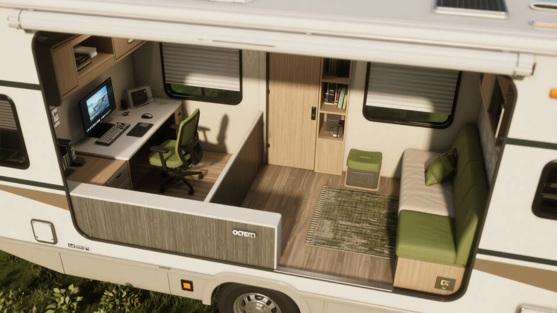 Interior design drawing showing RV room layout with separate desk area and green sofa seating