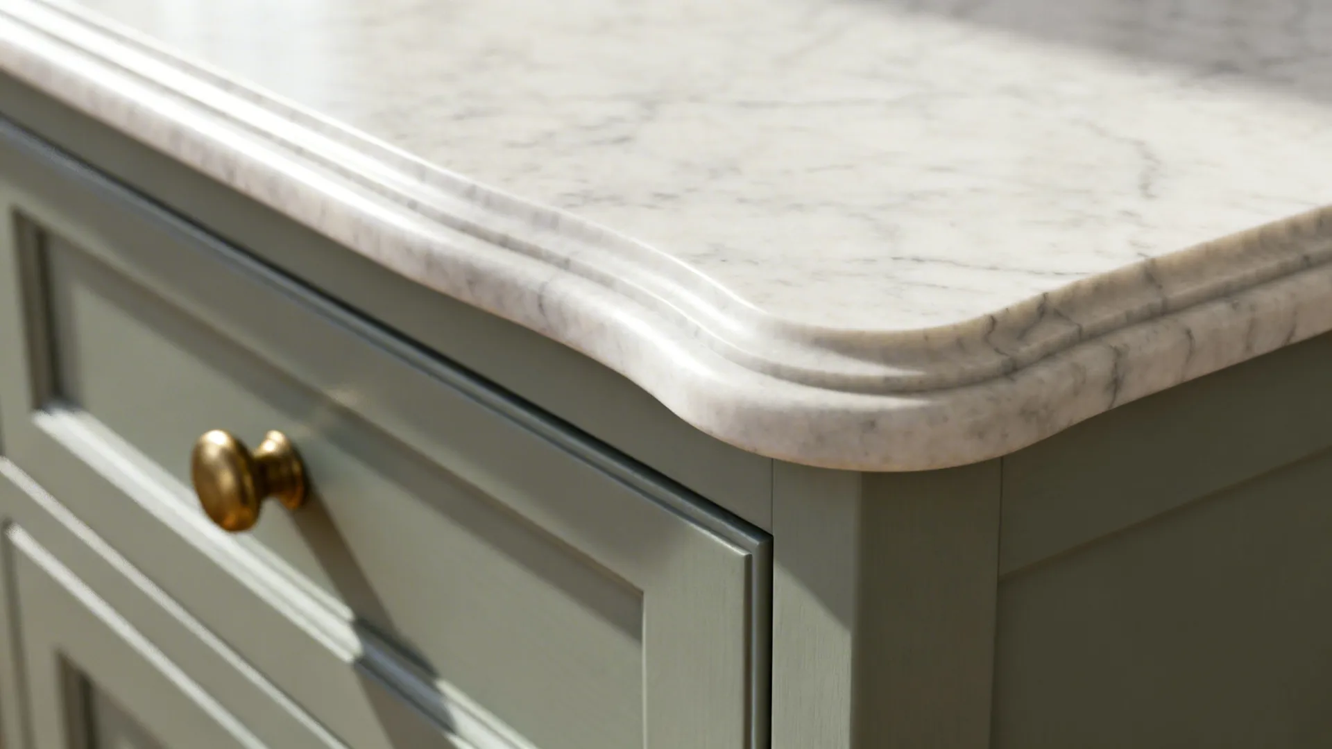Close-up of a refined micro ogee countertop edge in a transitional kitchen.