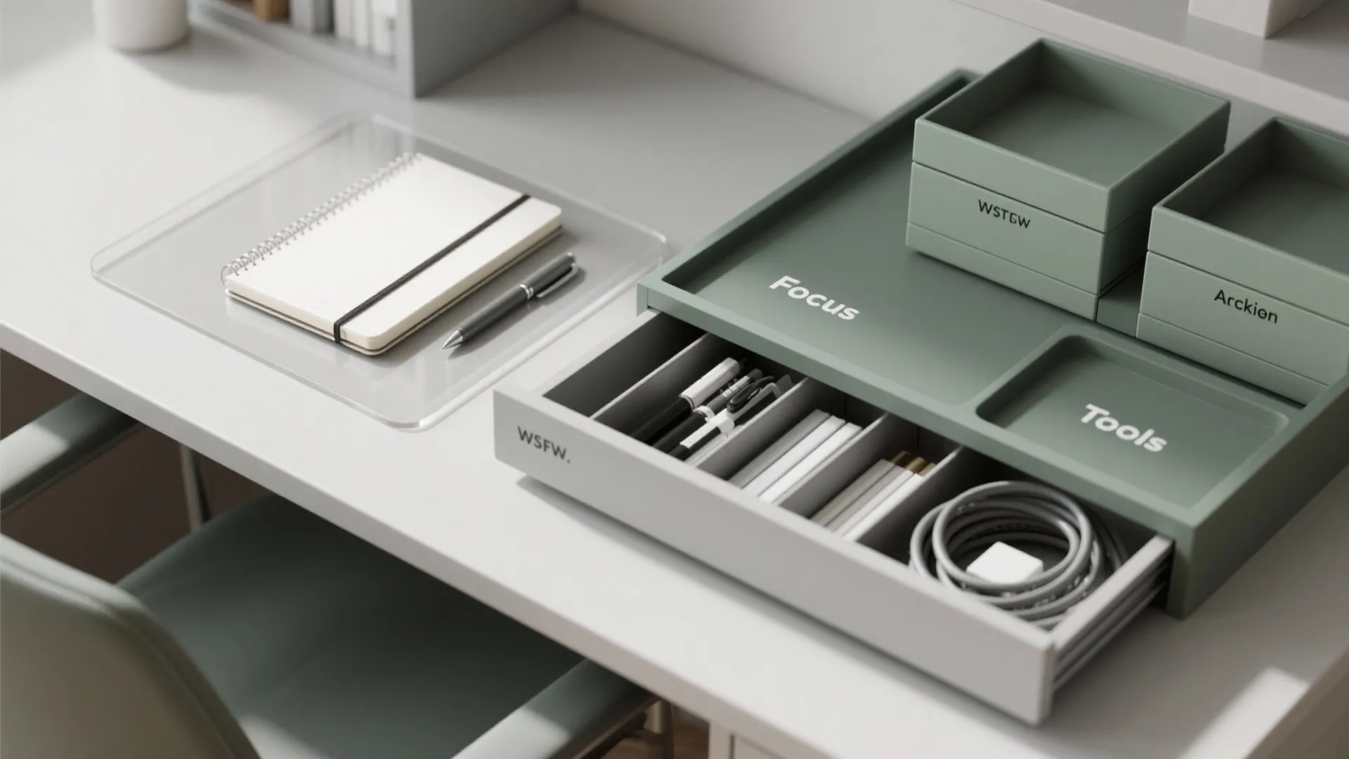Green desk organizer on white table with notebook pen drawer and cable for workspace storage