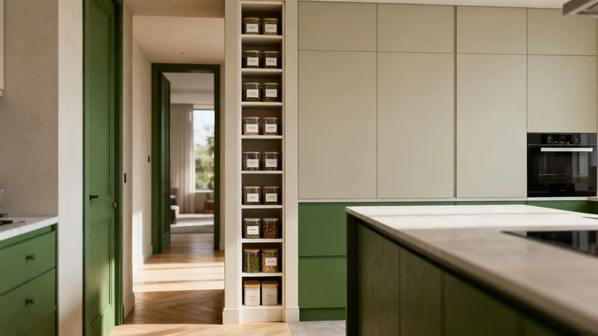 Small kitchen with a dedicated micro pantry niche and an appliance-free counter zone.