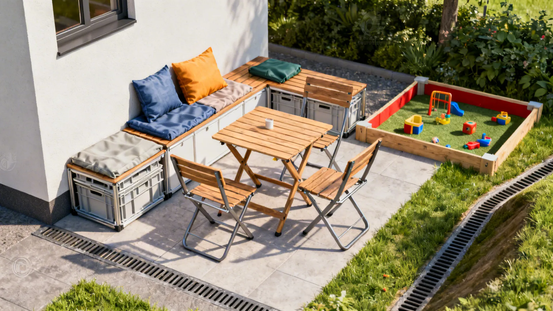 Small multi-use patio with folding furniture and stackable storage
