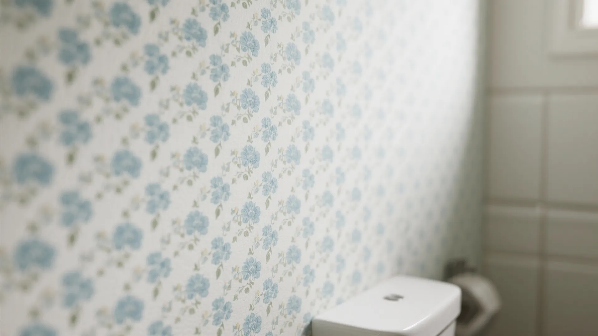 Bathroom wall with white floral pattern wallpaper next to a white toilet and grey tiles