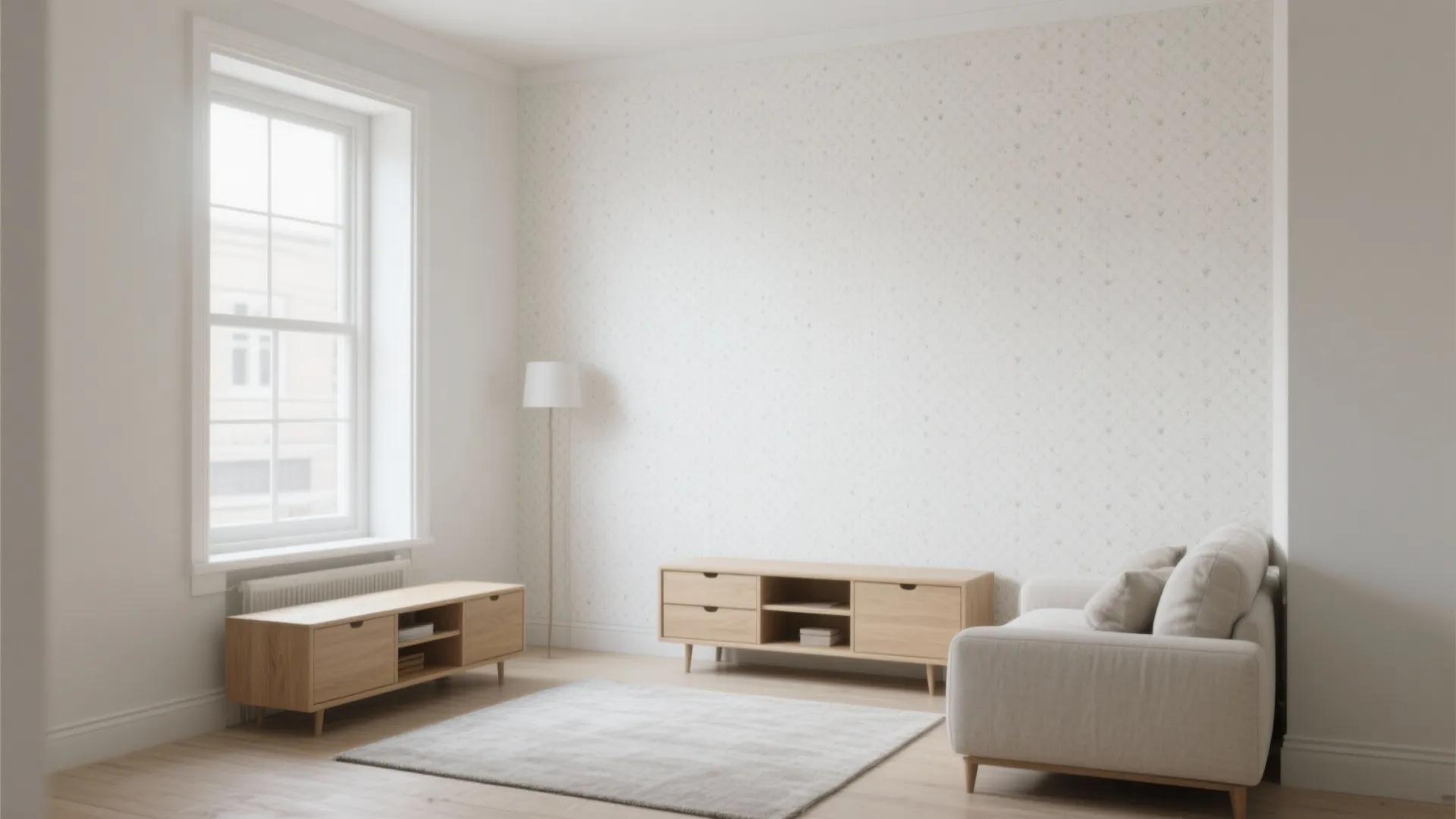 Small north-facing studio with ivory micro-pattern wallpaper, low-contrast trim, and light oak furnishings.
