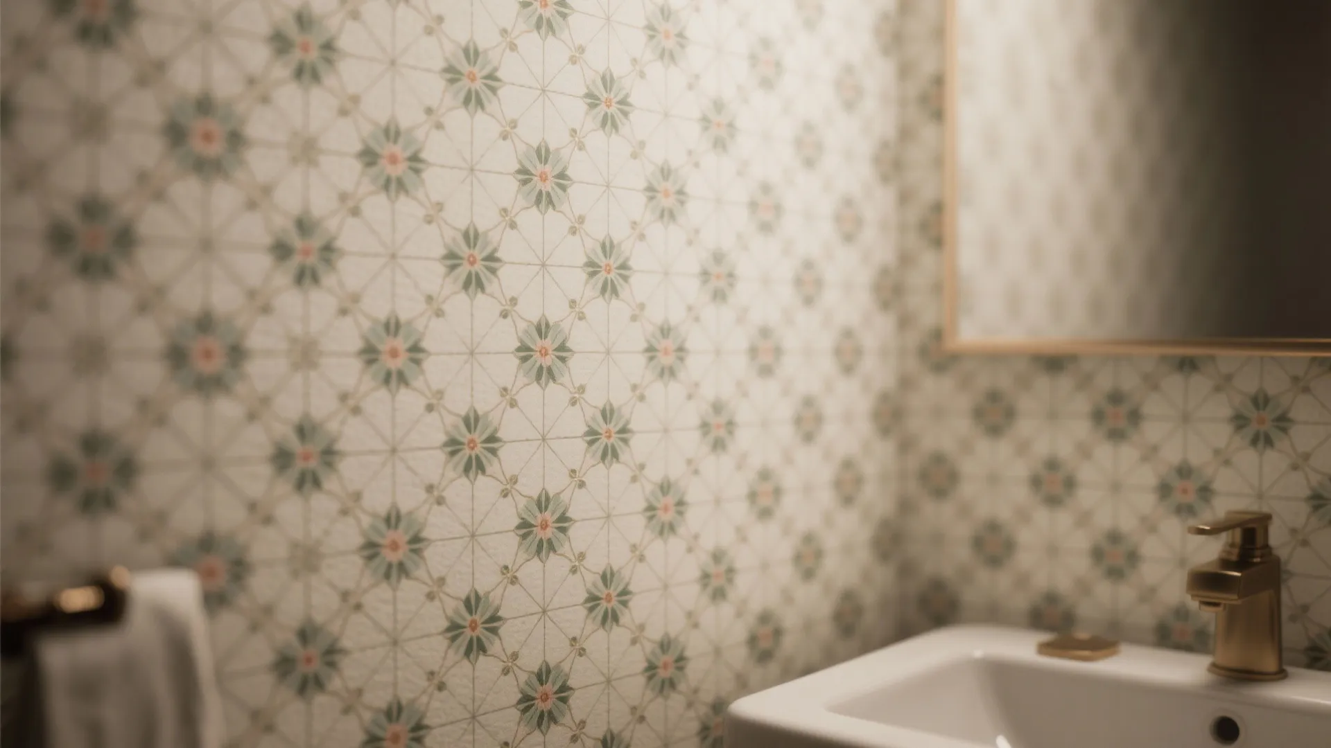 Close up of patterned bathroom wallpaper with green floral designs near white sink and gold faucet