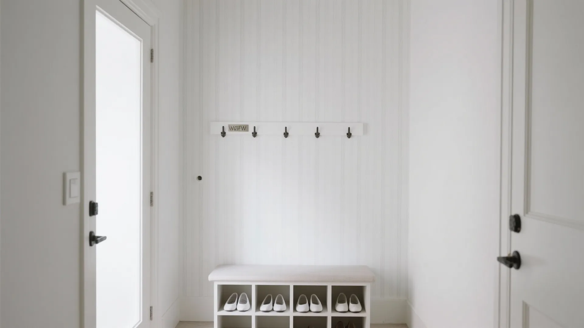 Bright white home entrance featuring a wall with hooks a shoe cabinet and white shoes