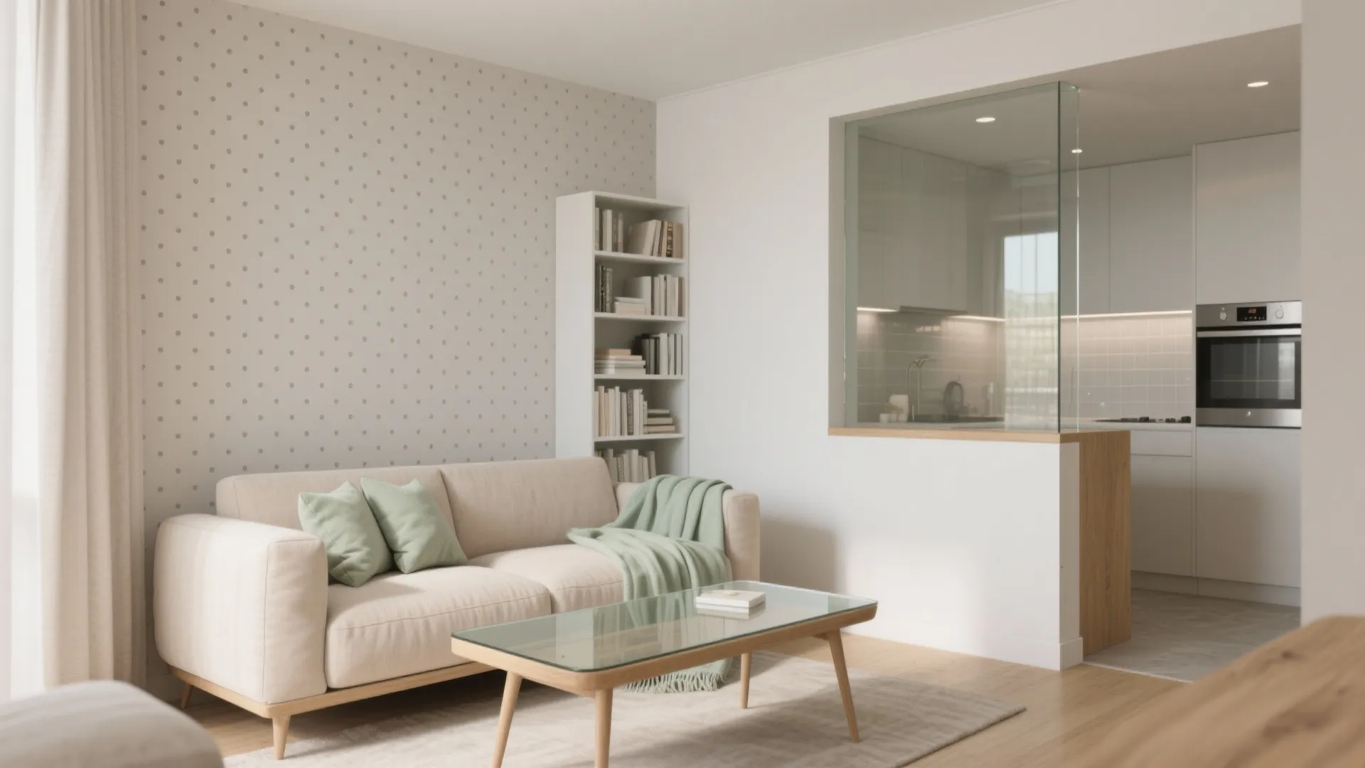 Bright apartment interior with small sofa glass coffee table bookshelf and view into white kitchen