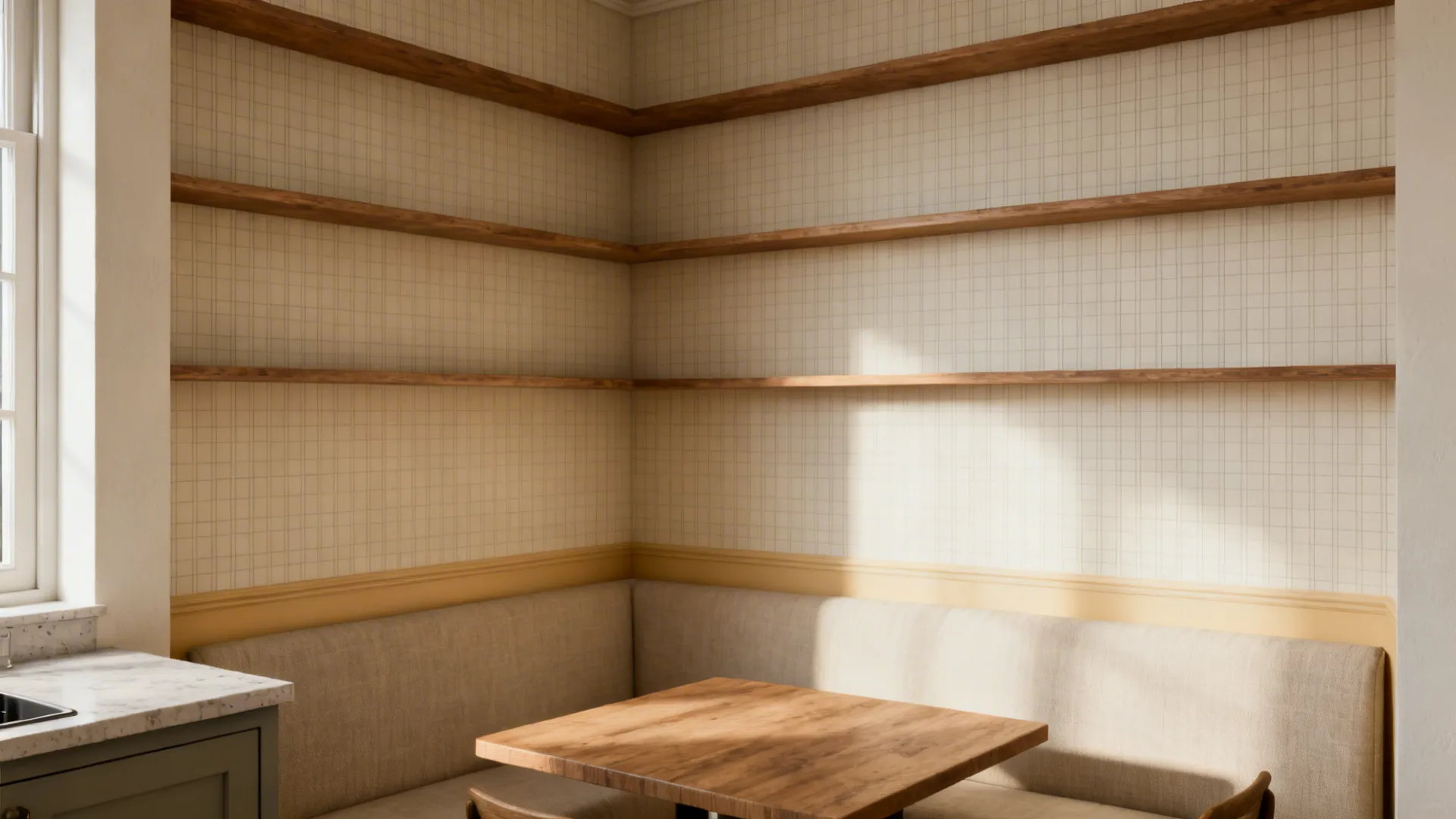 Kitchen nook with a soft grid micro-pattern wall aligned to shelf spacing.