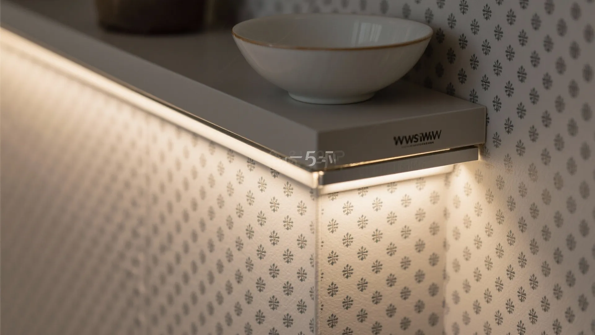 Edge Lighting on Open Shelves + Micro-Pattern Wallpaper