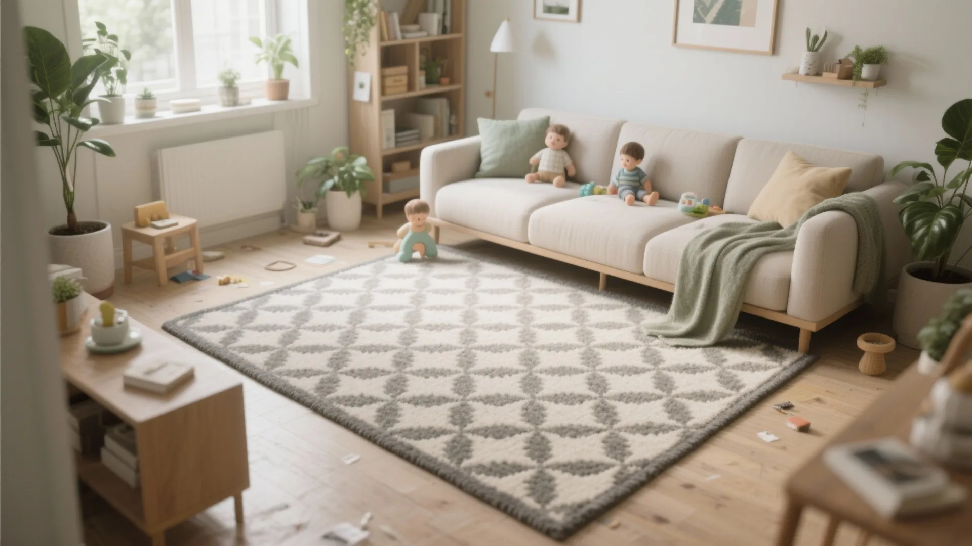 Bright living room with patterned rug beige sofa wooden floor green plants and large sunny window