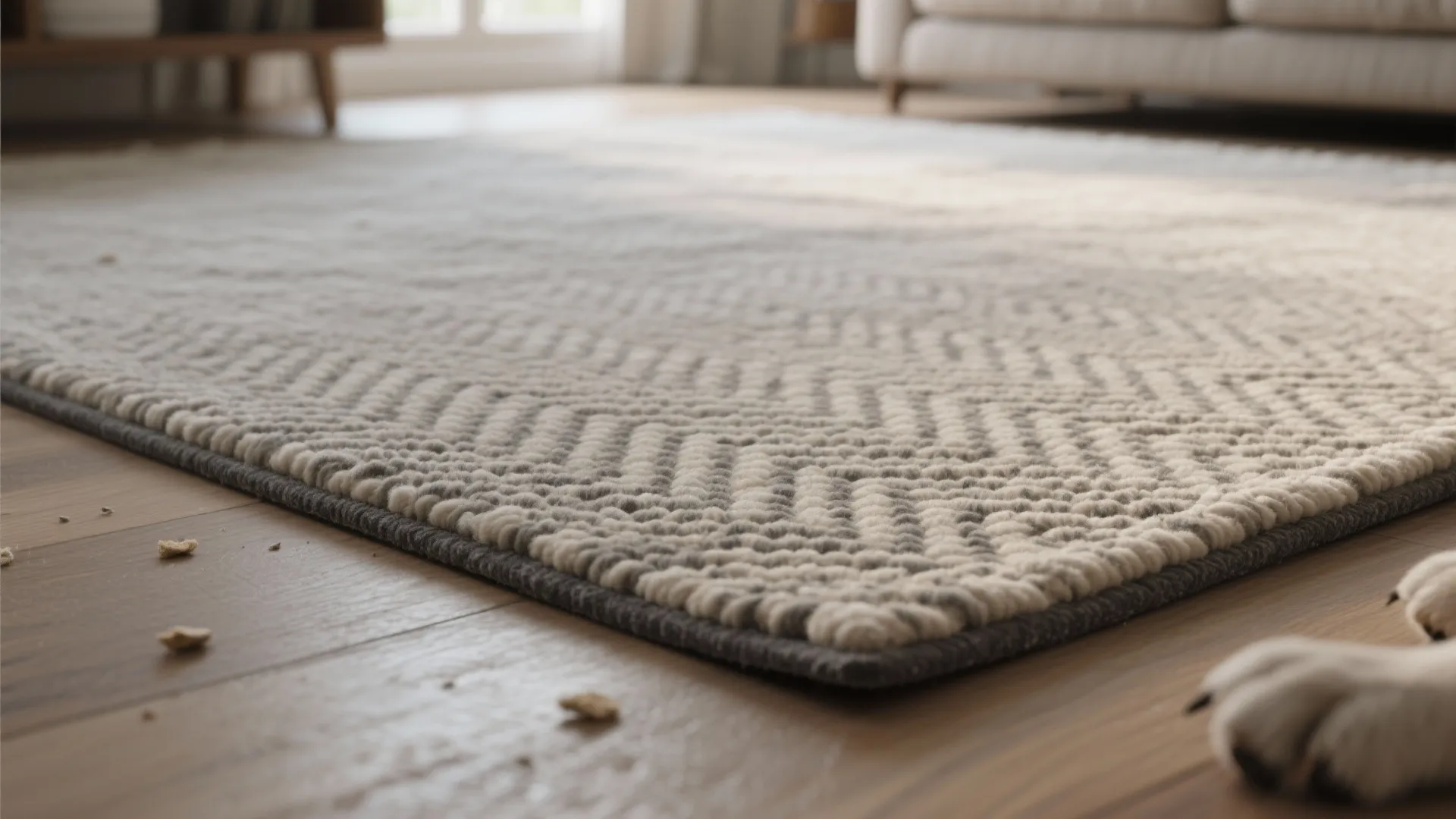 Low angle view of a grey patterned rug on wood flooring with a sofa background