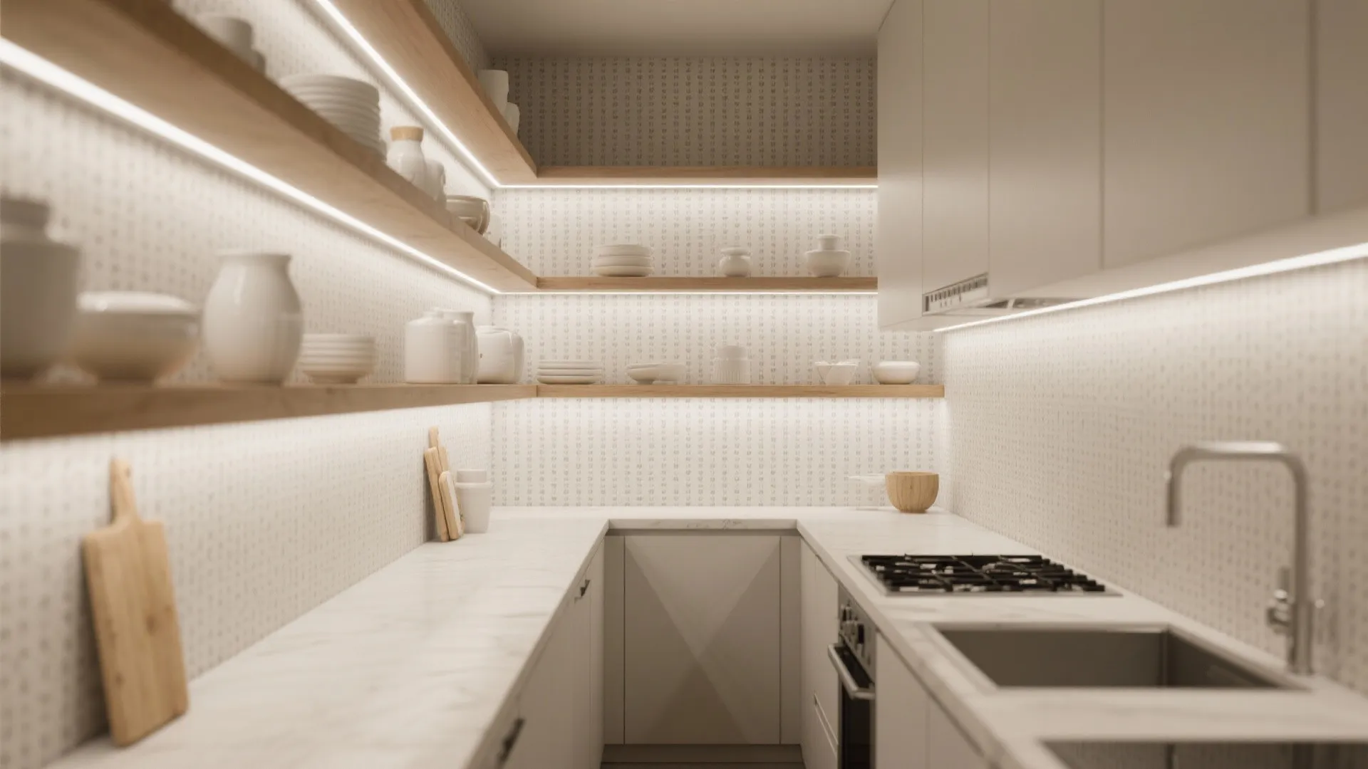 Edge Lighting on Open Shelves + Micro-Pattern Wallpaper