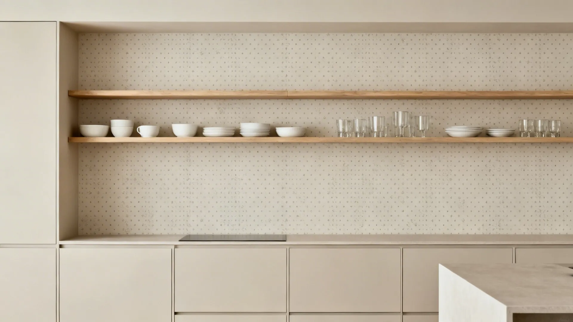 Open shelves against a tone-on-tone micro-dot stencil wall with white dishes and oak wood.