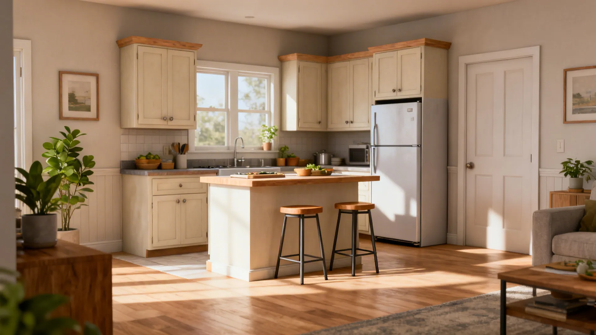 Two-tier micro peninsula with a raised bar and two stools in a compact L-shaped kitchen.