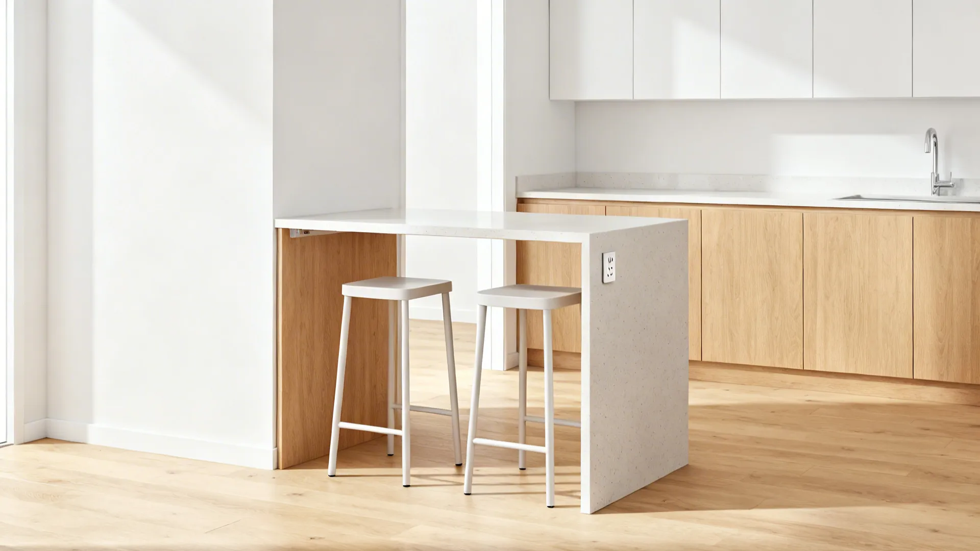 Modern white kitchen island with two white stools and wooden cabinets on light wood floor.