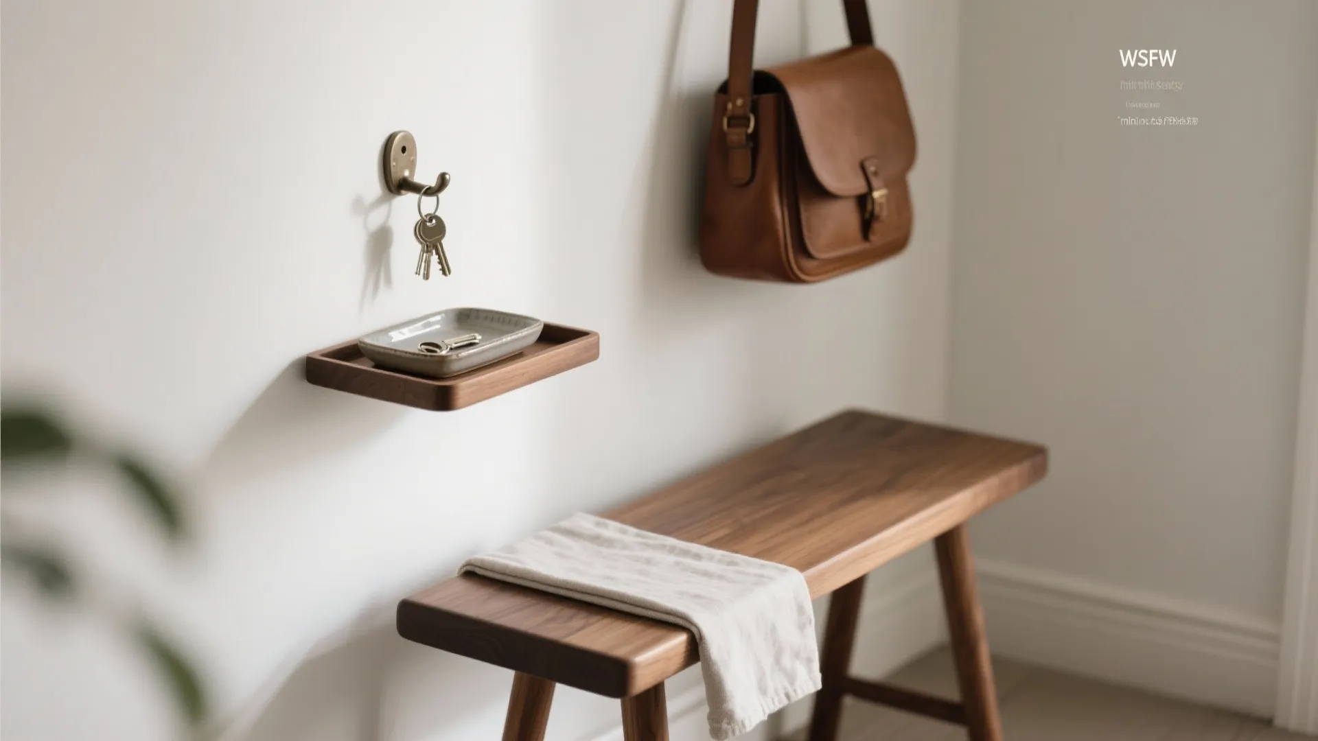 Wooden bench with small wall shelf and key hook next to a hanging brown bag
