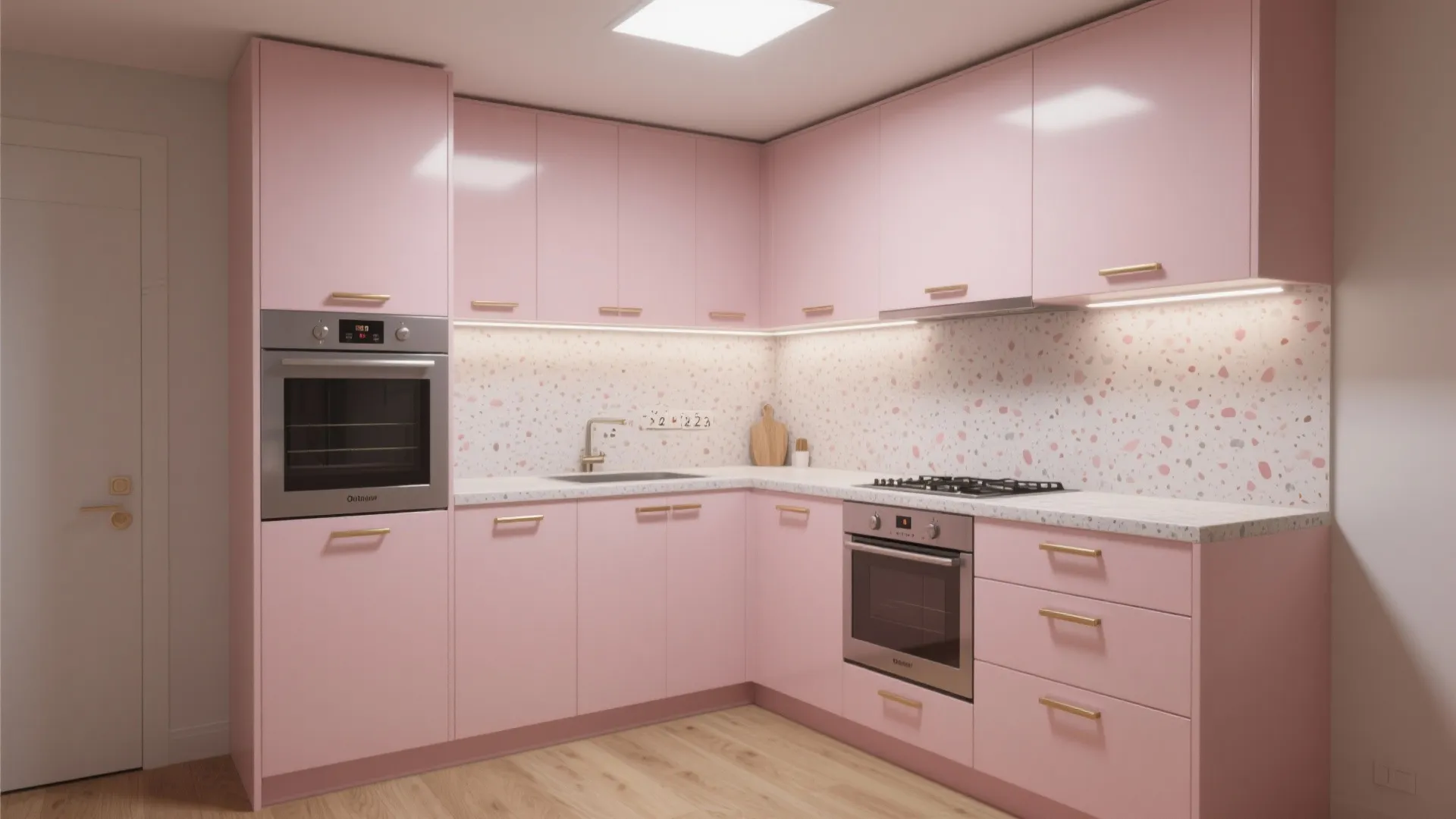 Compact Pink Kitchen: Smart Layout, Rosy Details