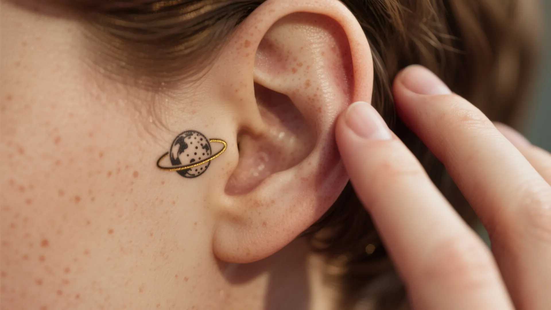 Tiny black planet tattoo with gold ring on freckled skin next to a person's human ear