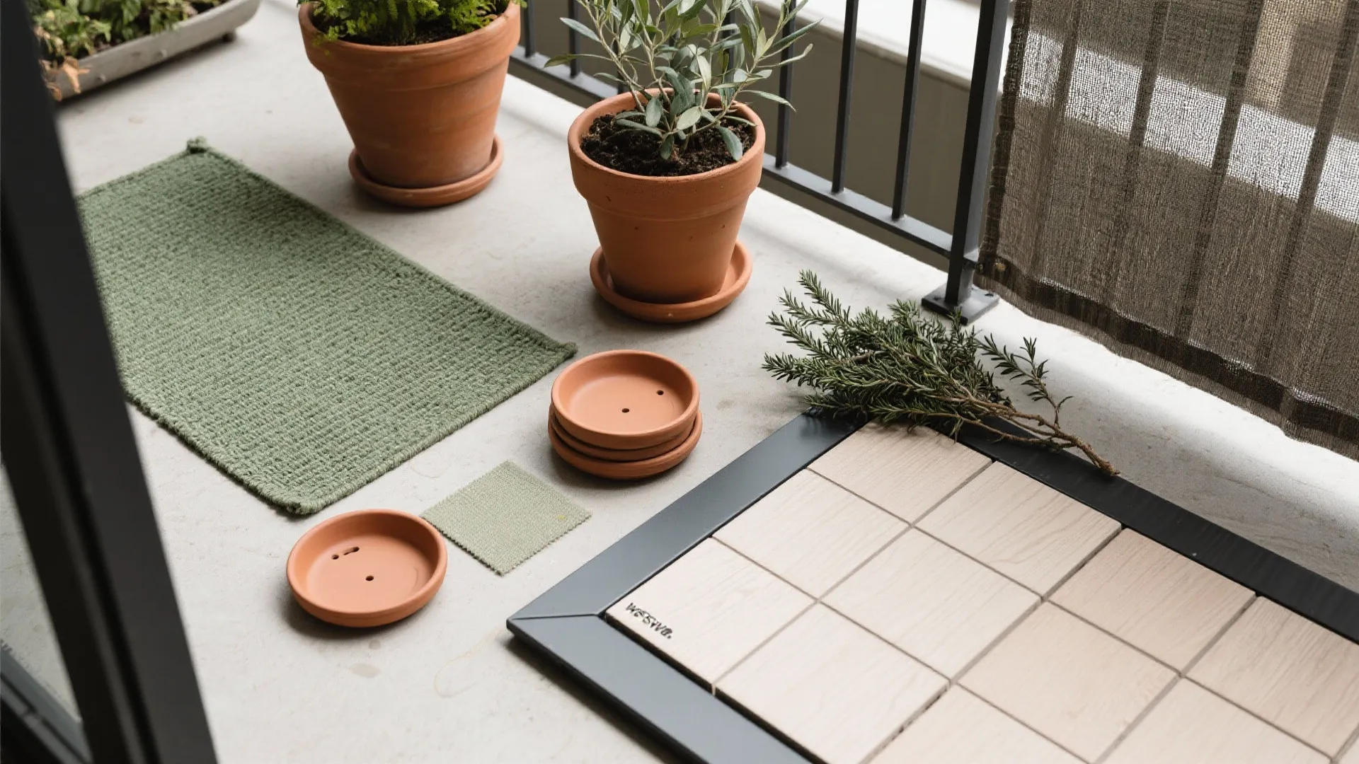 Balcony floor showing green mat terracotta pots plant samples wood tiles and fresh green leaves