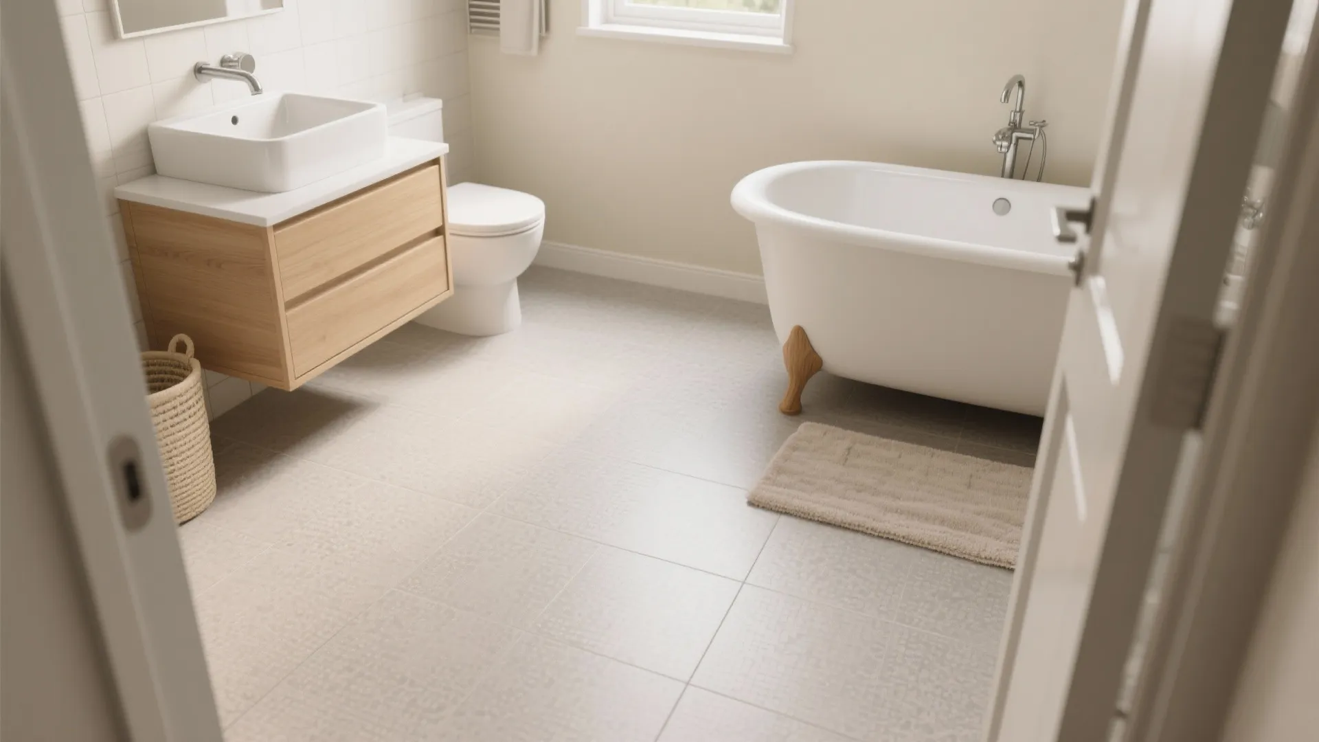 Modern bathroom featuring white bathtub wooden cabinet white sink toilet and neutral grey floor tiles