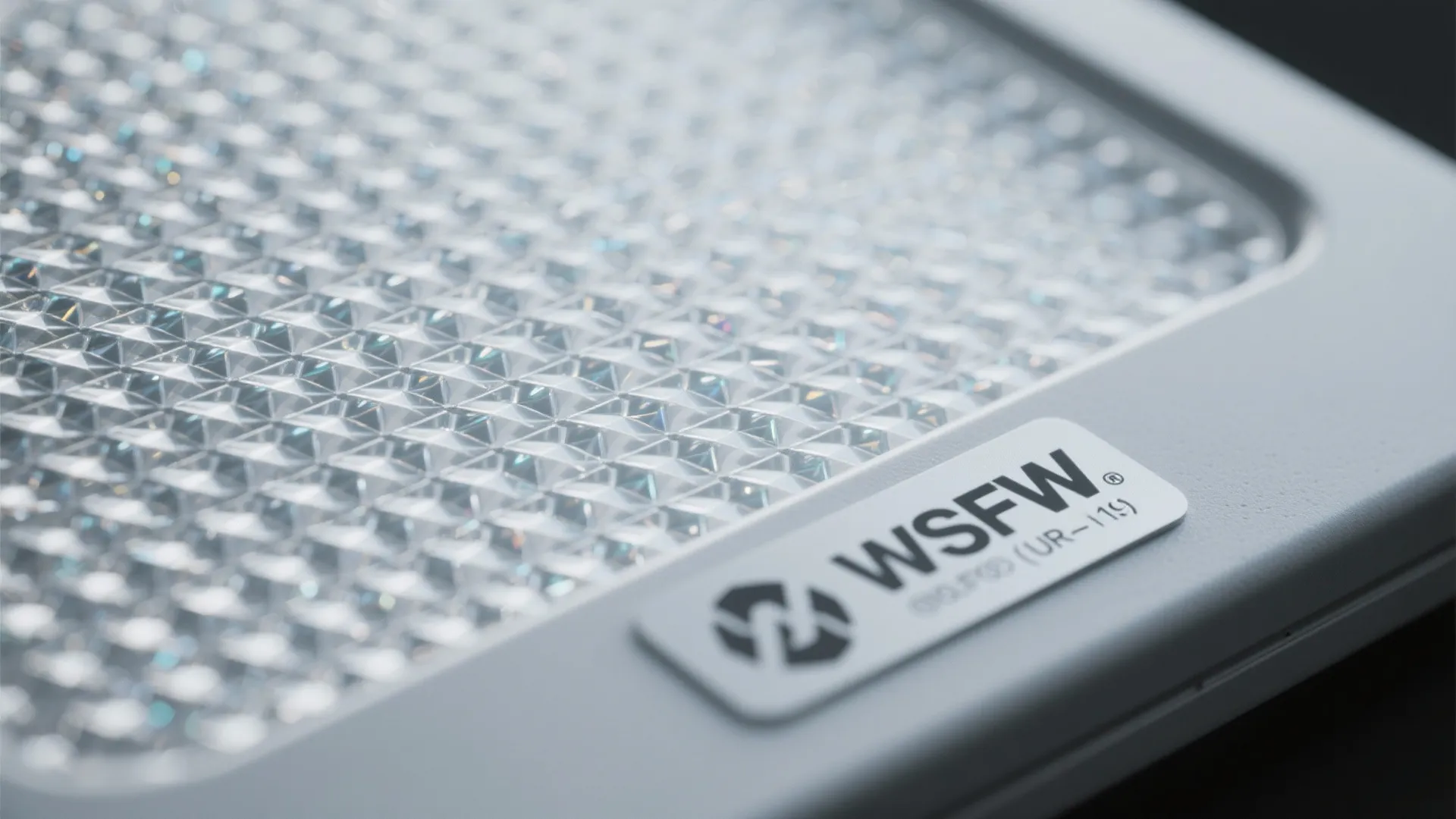 Macro texture of a micro-prismatic diffuser reducing glare over a printed label.