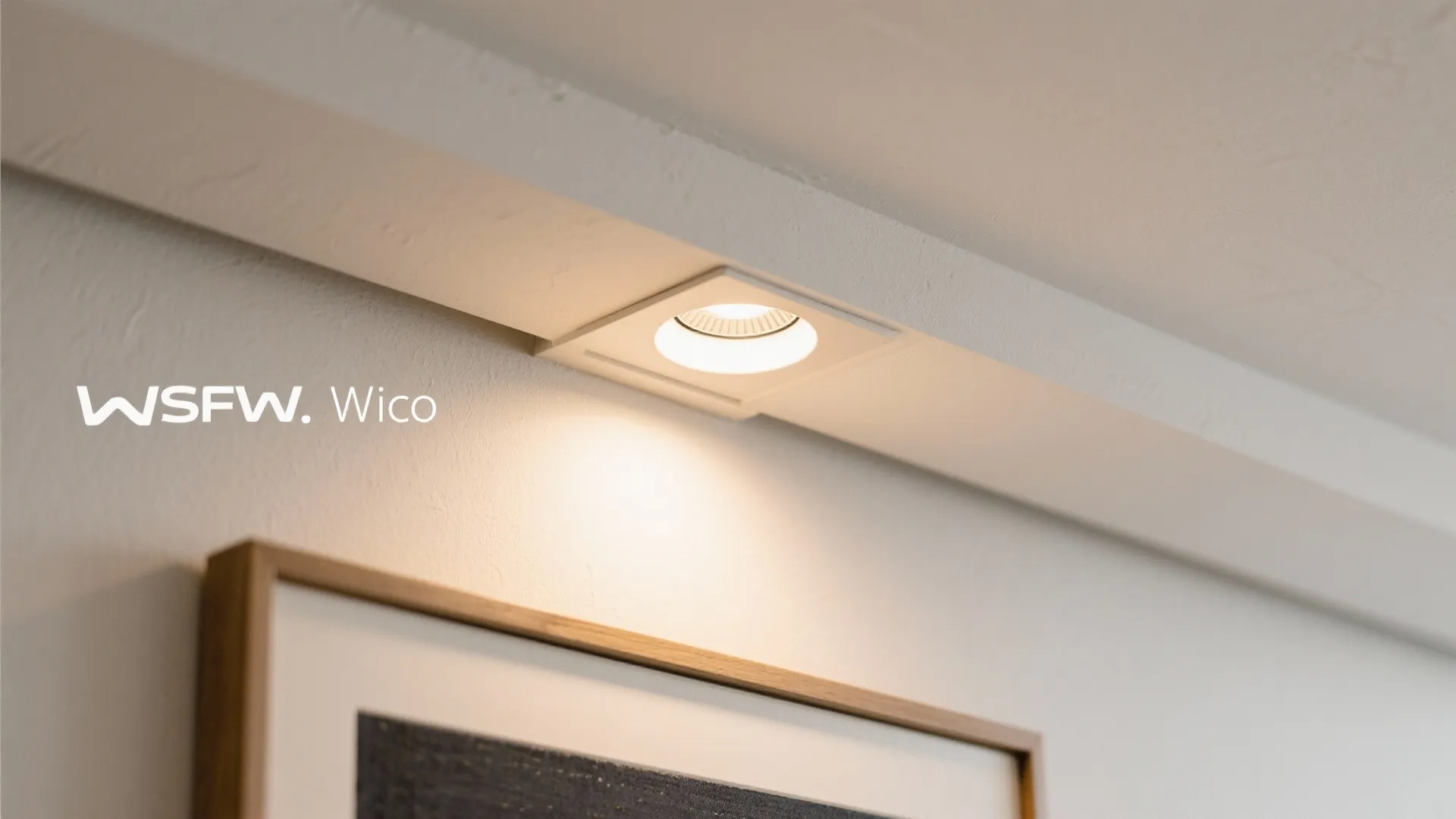 Small round light fixture installed in white ceiling above framed artwork on a clean wall