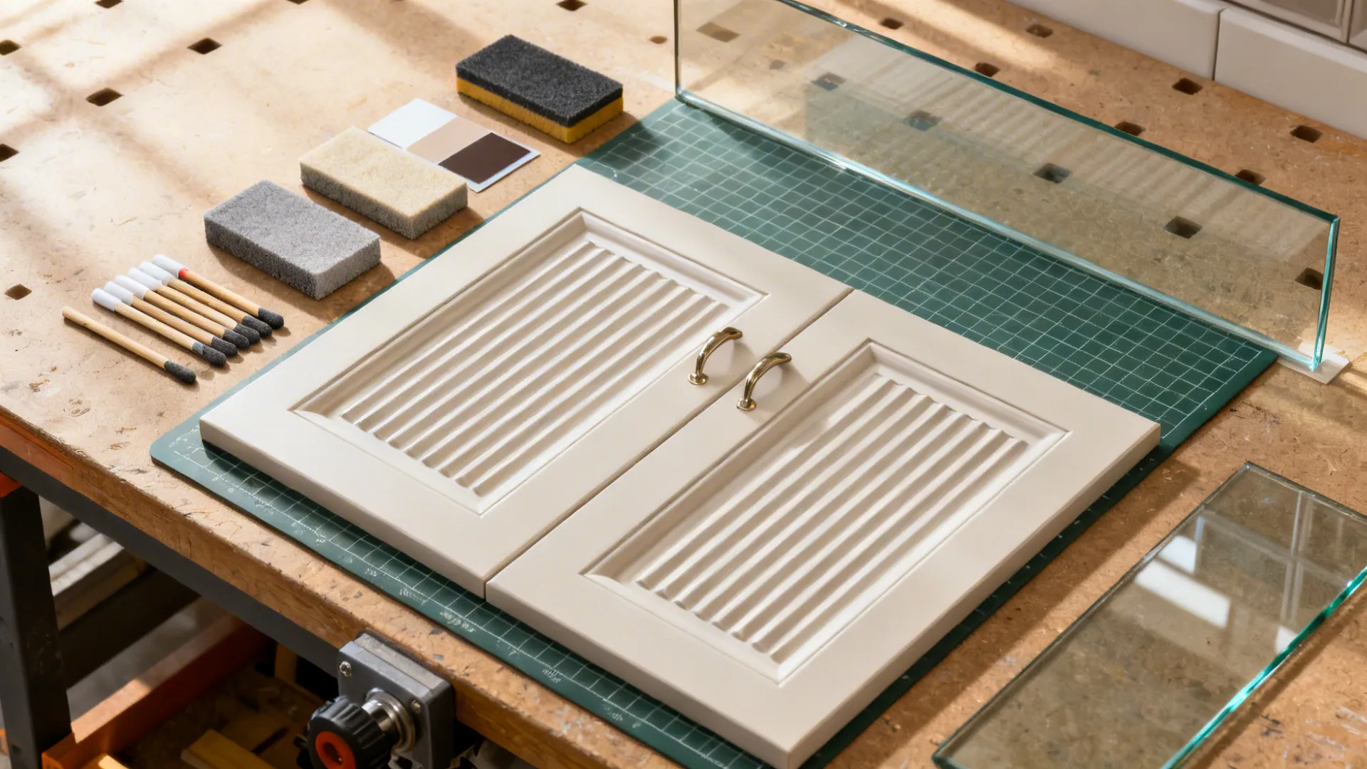 Top-down process board showing micro-reeded panel, tools, and finish swatches.